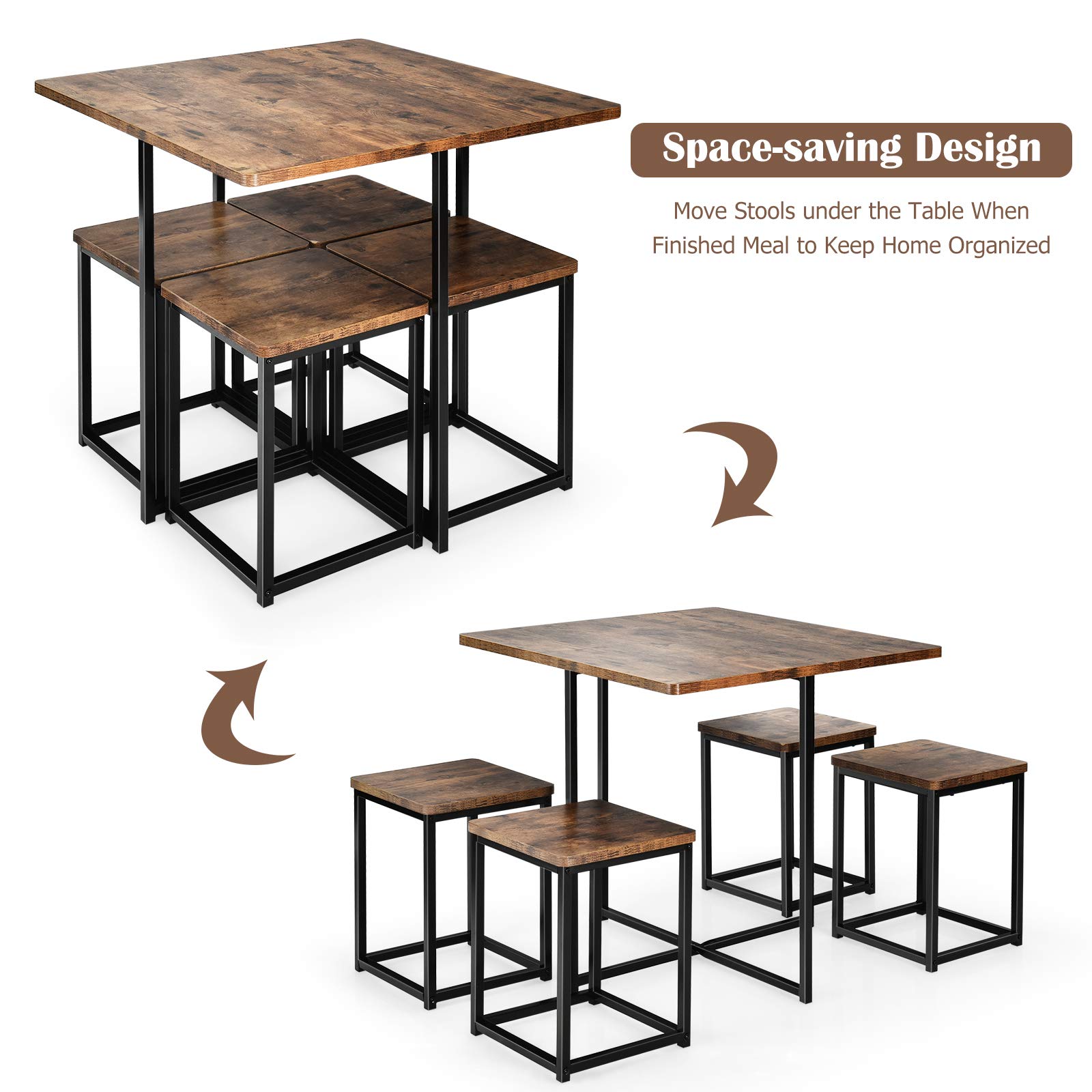 Giantex 5-Piece Square Dining Table Set for 4 with Metal Frame - Compact Kitchen Table & Stools for Small Spaces - Perfect for Home, Apartment, Kitchen, Bar & Pub Gatherings