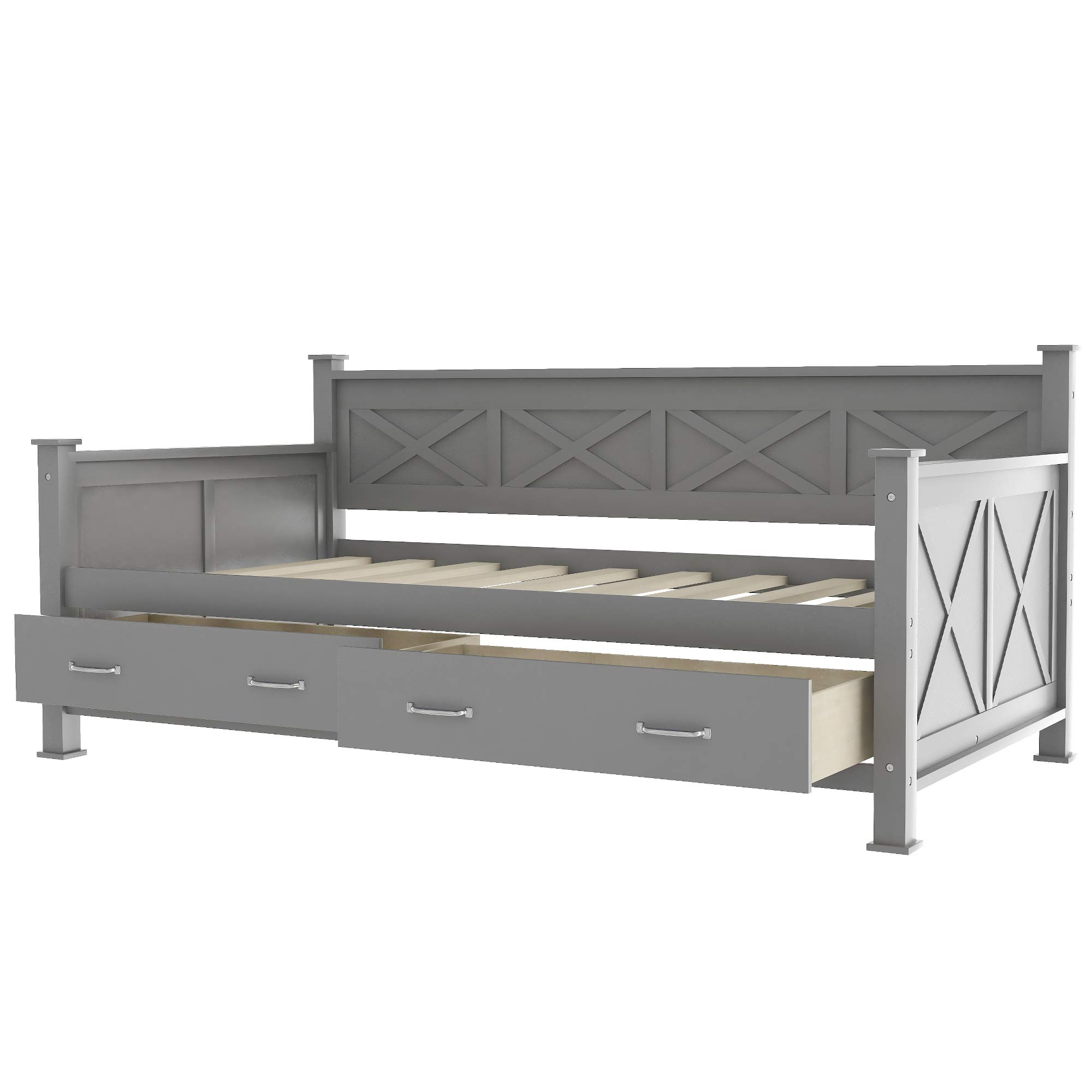 Wooden Daybed with 2 Storage Drawers - Gray Platform Bed for Kids & Guest Room - Space-Saving Furniture for Small Bedrooms, Sleepovers, and Dorm Rooms