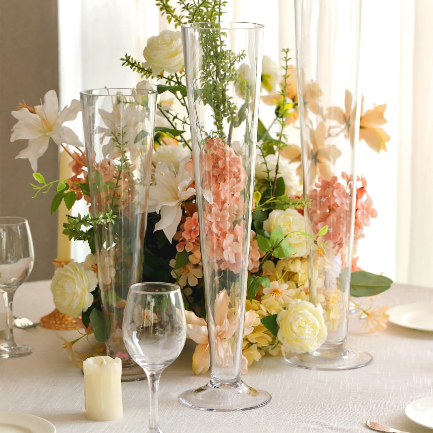 Set of 6 Clear Glass Trumpet Vases - 16
