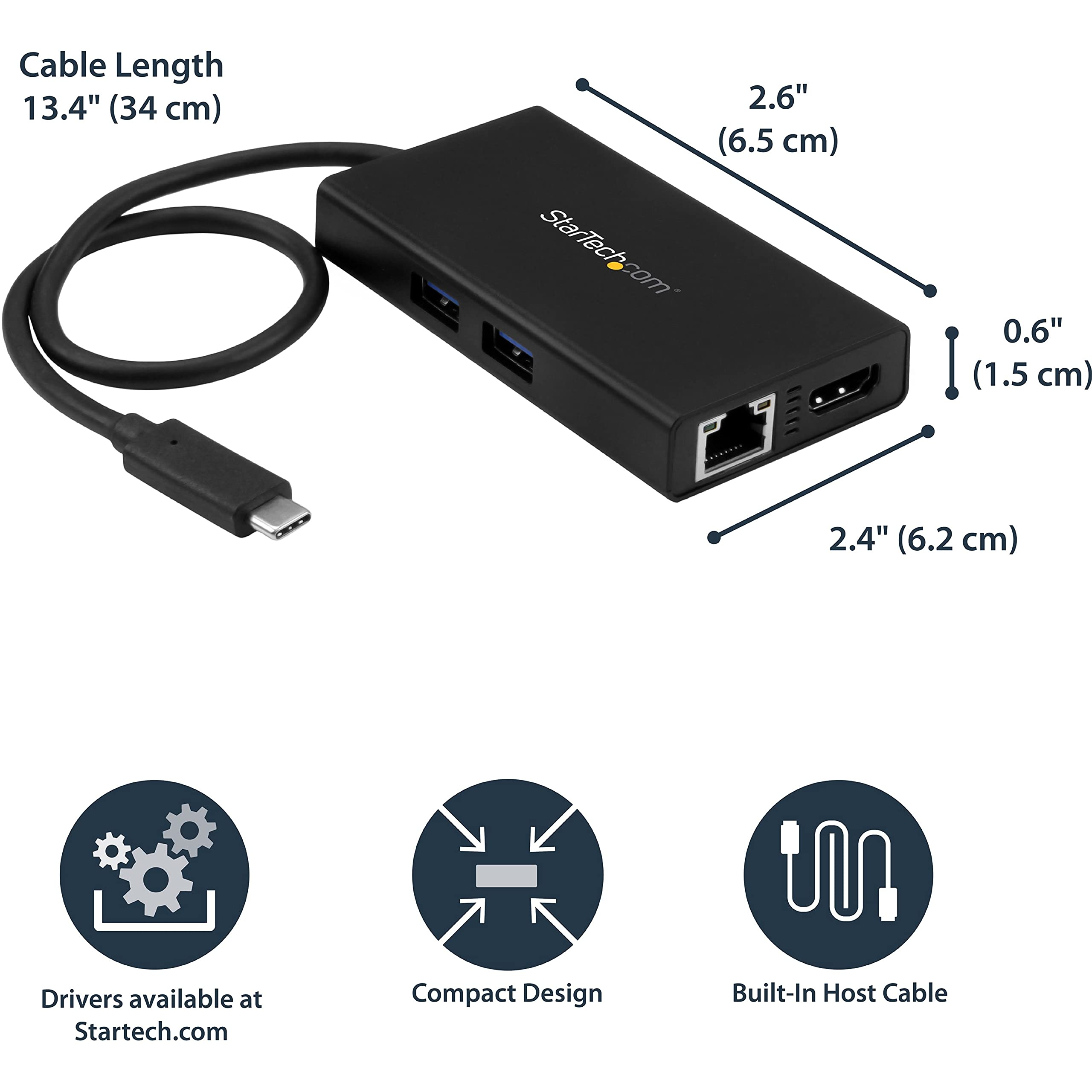 StarTech.com DKT30CHPD USB C Multiport Adapter with Power Delivery (PD) - 4K HDMI, Gigabit Ethernet, USB 3.0 Hub - Black - Perfect for MacBook Pro, Dell XPS & Home Office Setup