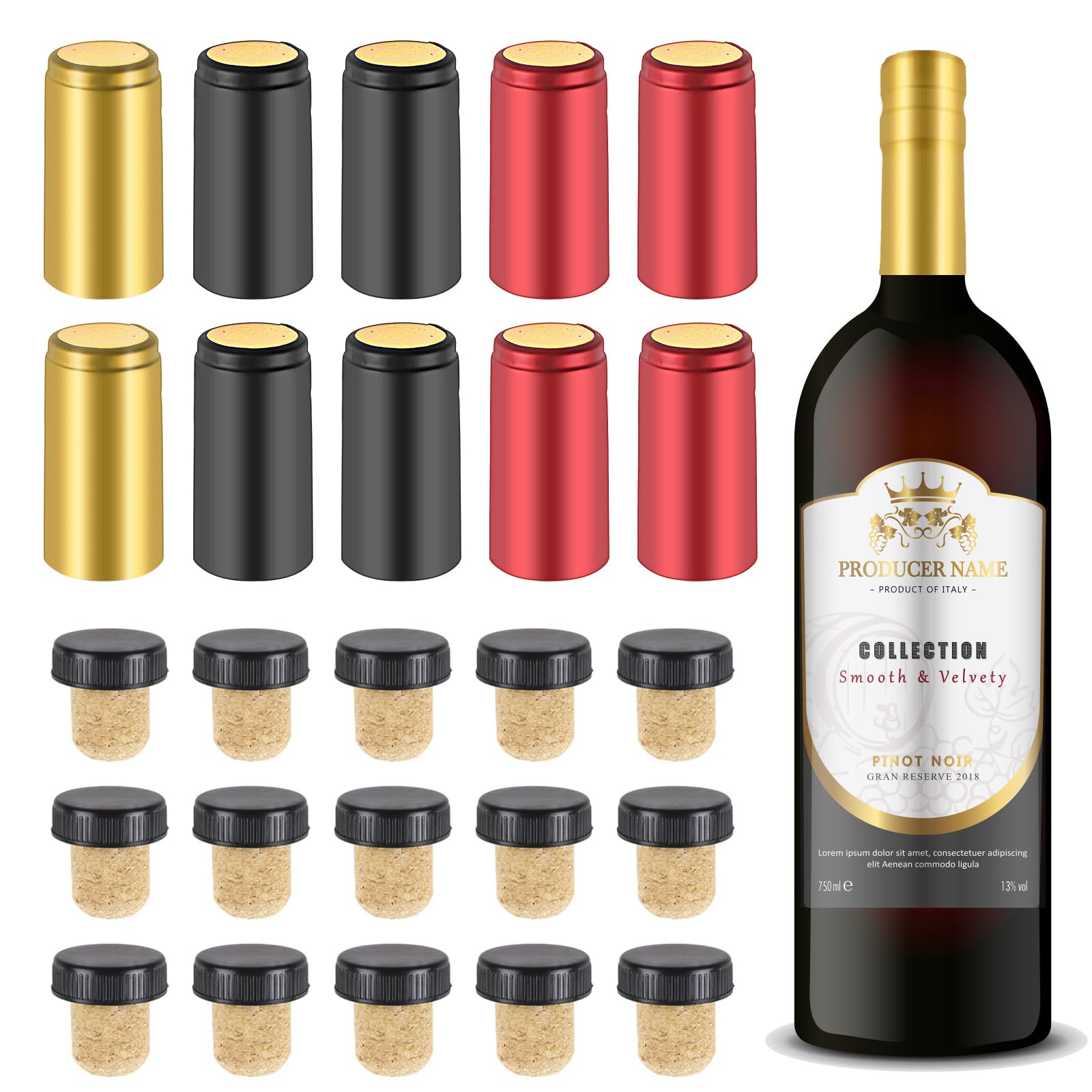 Premium Wine Bottle Sealer Kit - 60 Pack PVC Heat Shrink Capsules & Cork Stoppers with Plastic Tops | Cruise Accessories, Home Wine Preservation, Party Supplies