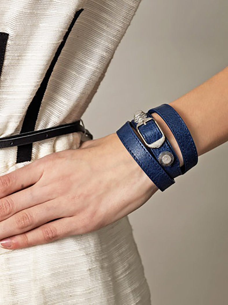 Balenciaga Light Ice Blue Giant Stud Triple Wrap Leather Bracelet for Women - Luxury Fashion Accessory for Parties, Gifts & Everyday Wear