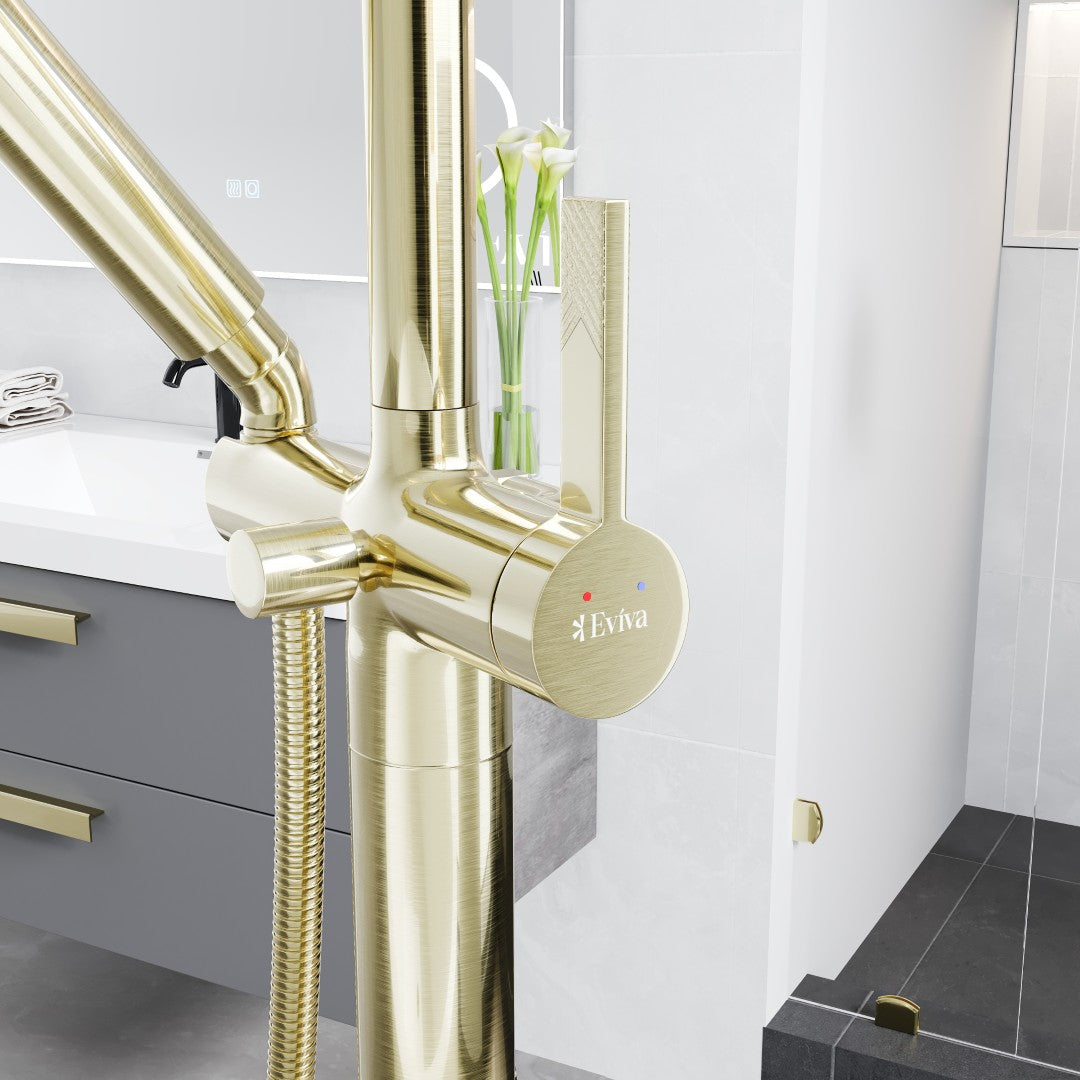 Eviva Modem Single Handle Freestanding Bathtub Faucet with Hand Shower in Brushed Gold Finish - Perfect for Modern Bathroom Renovations and Spa-Like Relaxation