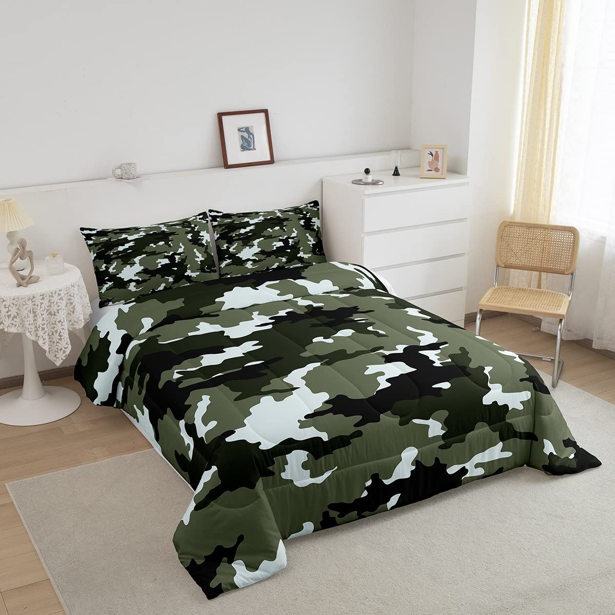 Feelyou Army Camouflage Comforter Set for Kids & Teens - Boys Military Bedding Set with 2 Pillowcases, Queen Size 3Pcs (Army Green) - Perfect for Boys' Room Decor, Camping Theme Bedrooms & Military Enthusiasts