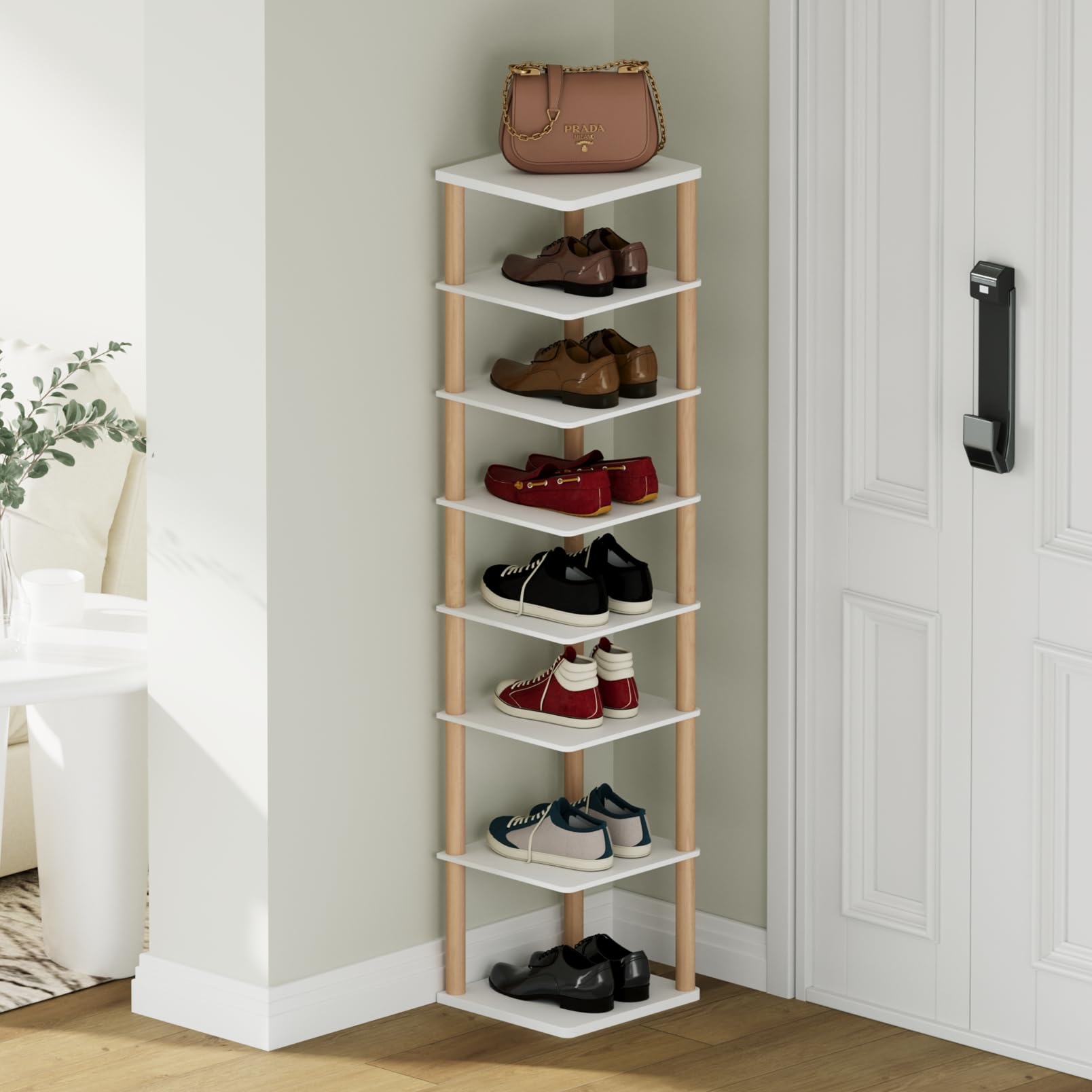 8-Tier Tall Shoe Rack - Space Saving Narrow Wooden Shoe Organizer for Entryway, Closet, Dorm & Small Spaces - Freestanding Vertical Shoe Shelf for Sneakers, Boots & Heels - Perfect for Home, Office & Apartment Organization