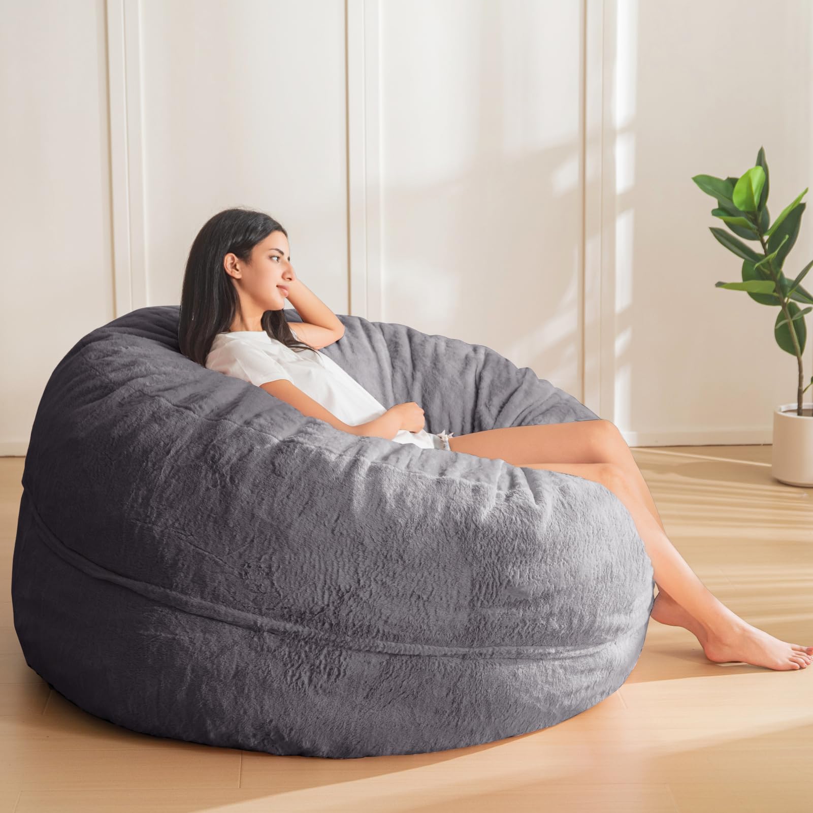 MAXYOYO Large Bean Bag Chair for Adults - Ultra Soft Fur Lazy Sofa with Comfortable Foam Filling for Living Room & Bedroom - Dark Grey - Perfect for Relaxing, Gaming, Reading & Lounging