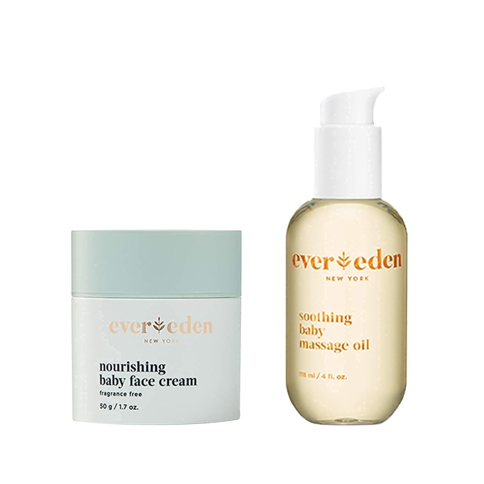 **Evereden Soothing Baby Massage Oil (4 fl oz) & Nourishing Baby Face Cream (1.7 oz) – 2-Piece Bundle Set | Clean, Unscented, Hypoallergenic Baby Skincare for Sensitive Skin | Perfect for Daily Moisturizing & Massage**
