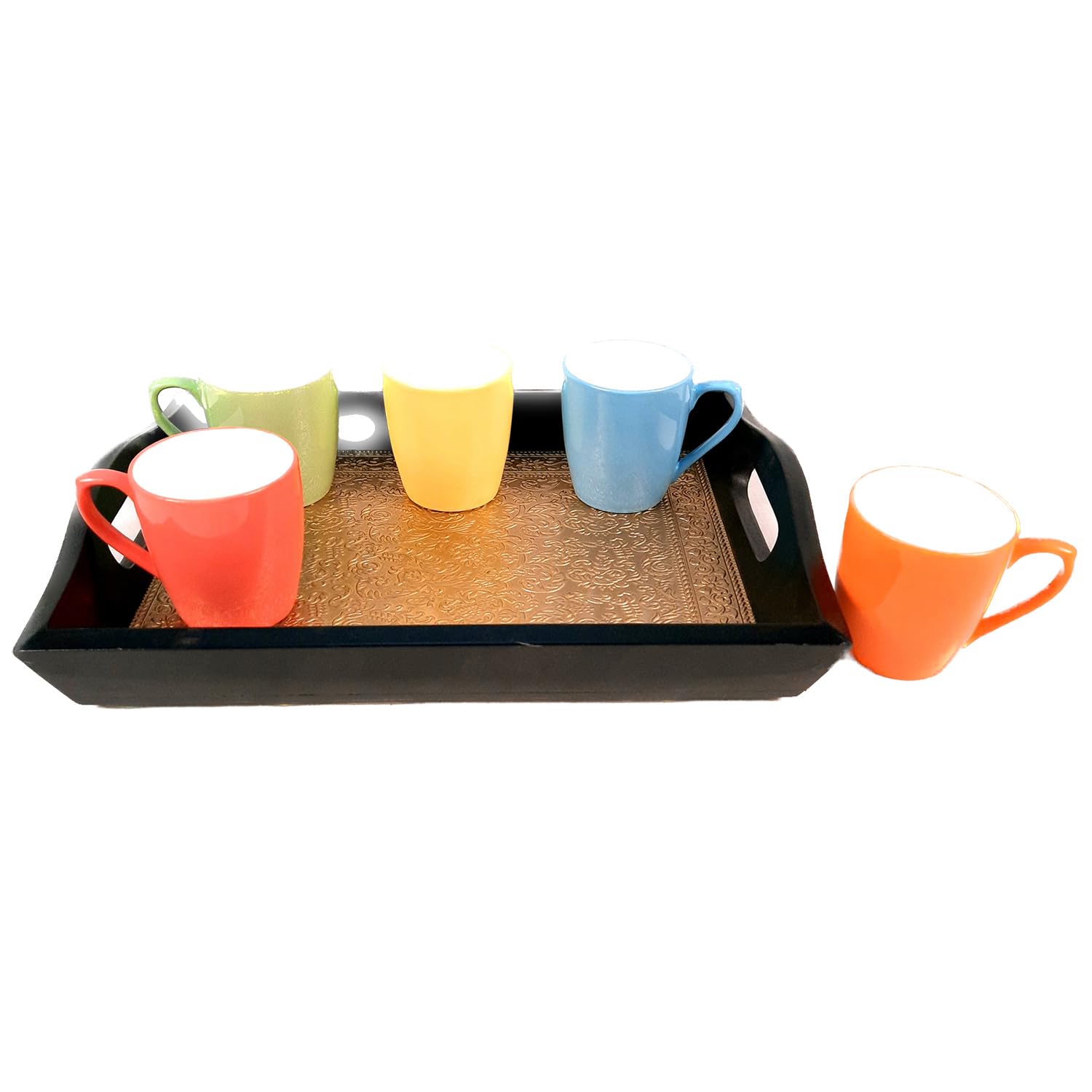 Apka Mart Wooden Brass Serving Tray - 14 Inch Decorative Tray for Tea, Coffee & Snacks | Multipurpose Home & Kitchen Organizer | Perfect for Dining Table, Coffee Table & Gift Giving