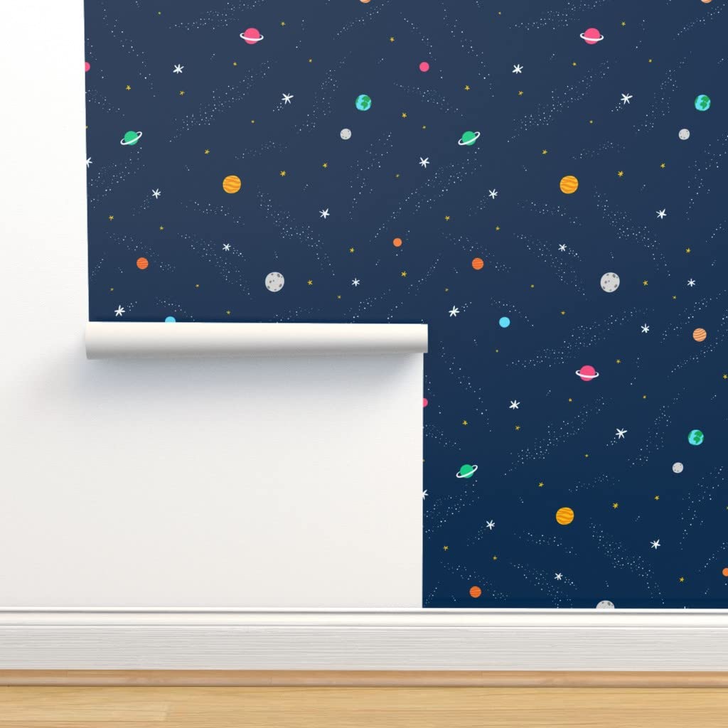 Peel & Stick Removable Wallpaper 12ft x 2ft - Space Blue Stars Cartoon Sky Doodle Science Planets Design | Self-Adhesive Wall Decal for Kids Room, Nursery, Office & Home Decor