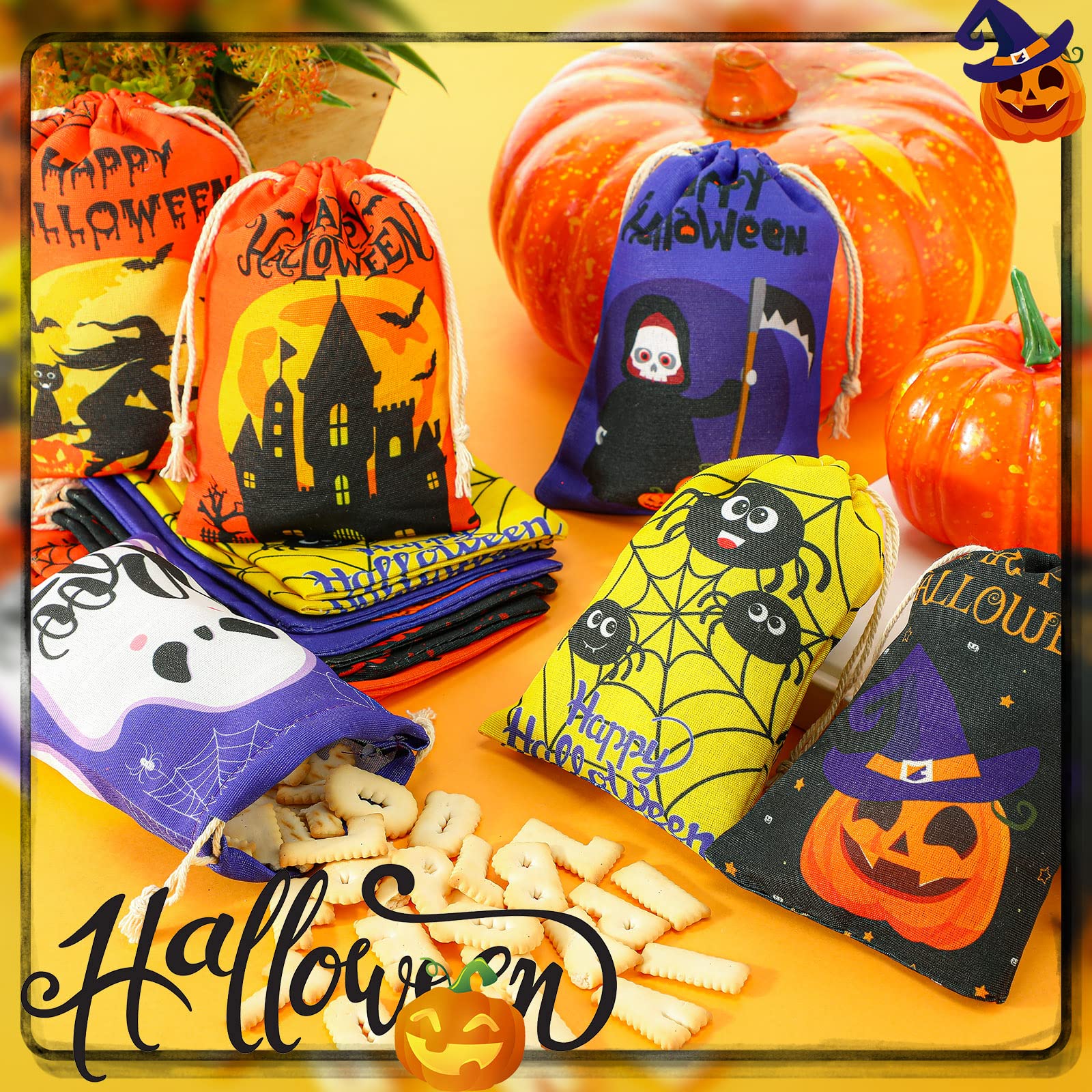 24-Piece Halloween Drawstring Gift Bags 4x6 Inches - 8 Styles Halloween Party Favors, Trick or Treat Bags for Kids - Perfect for Classroom Treats, Halloween Party Supplies & Goodie Bags