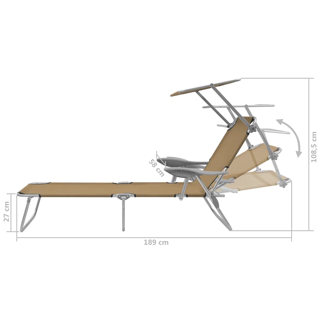 Adjustable Folding Sun Lounger with Canopy - Steel Taupe Recliner Chair with Armrest for Patio, Poolside, Beach, Backyard & Lawn - Perfect for Outdoor Relaxation, Sunbathing and Vacation Use