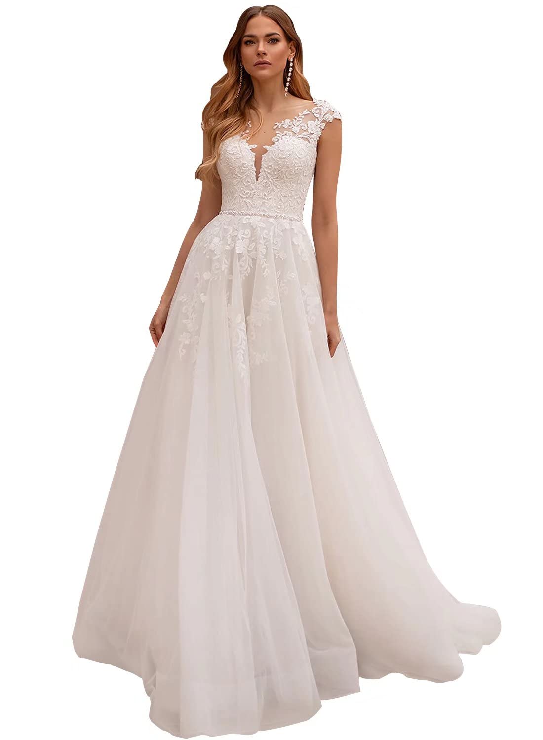 2022 Boho Lace Beach Wedding Dresses for Bride - Long Sleeves with Sheer Split & Train | Perfect for Beach, Destination, and Boho Chic Weddings