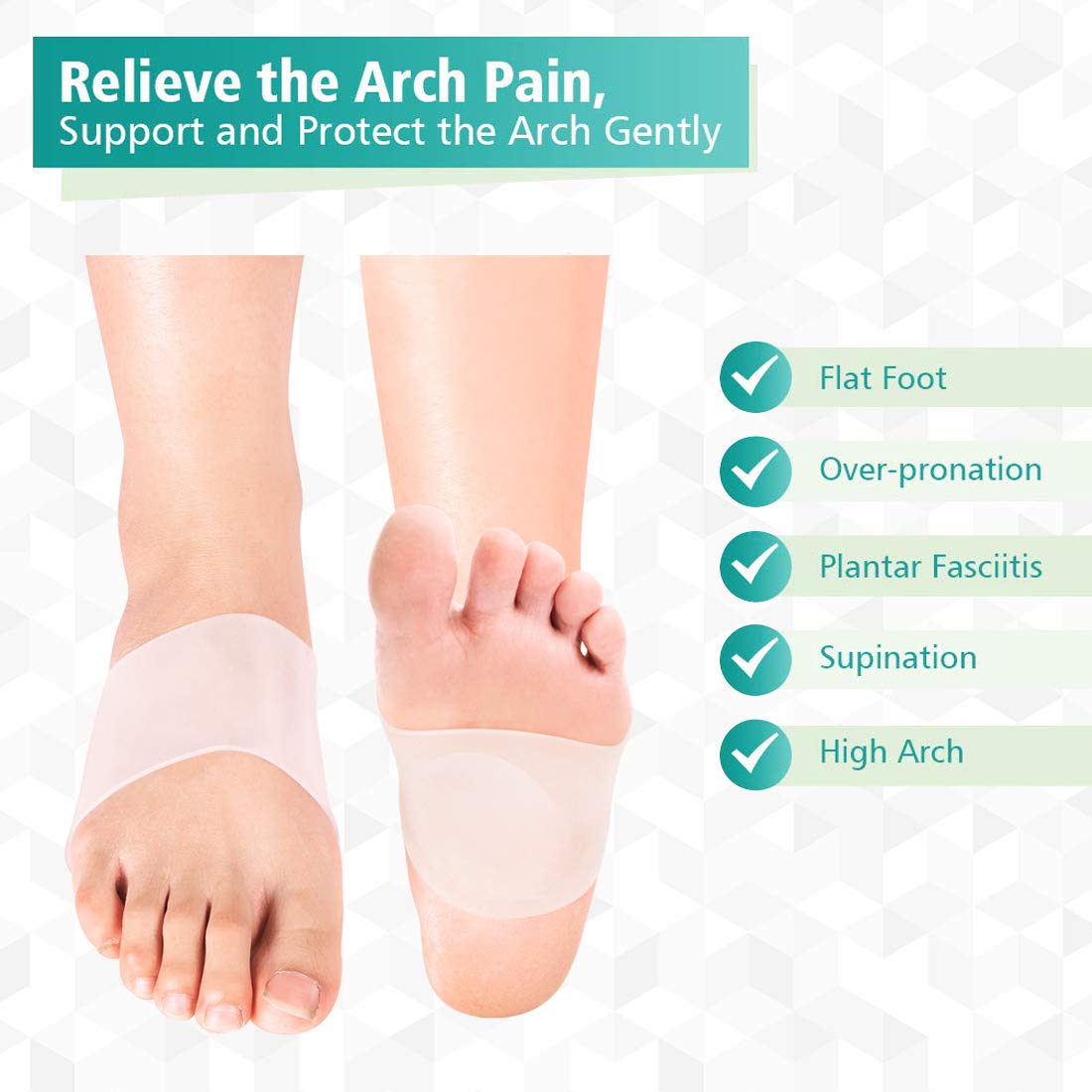 Plantar Fasciitis Arch Support Gel Pads - Soft Silicone Arch Sleeves with Cushioning for Flat Feet & Fallen Arches - Heel & Foot Pain Relief Insoles (2 Pairs) - Ideal for Running, Walking & Standing All Day
