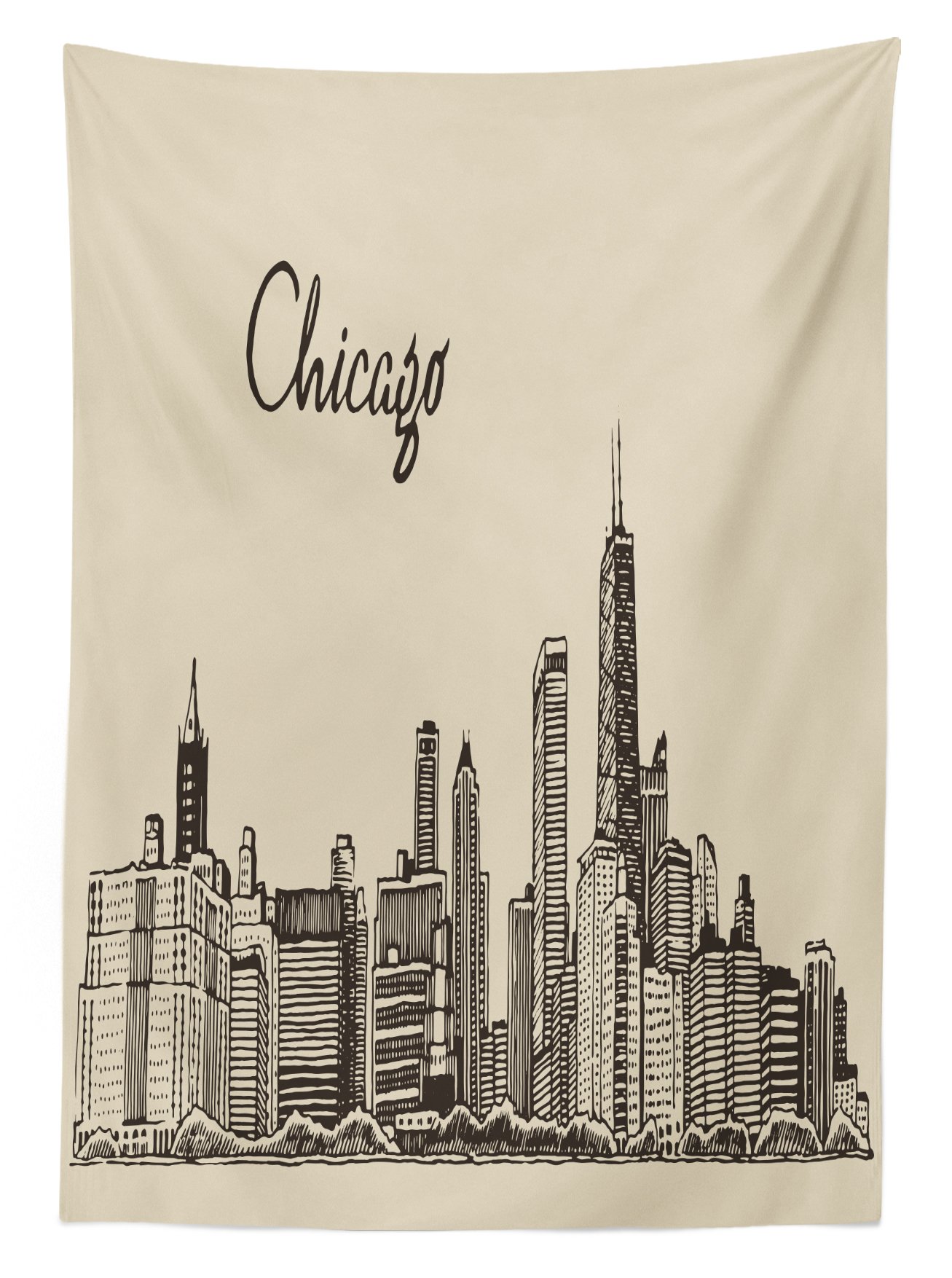 Ambesonne Chicago Skyline Vintage Outdoor Tablecloth - Washable Picnic Table Cover 58x84 Inches in Beige Dark Brown - Perfect for Backyard BBQs, Patio Parties & Picnics