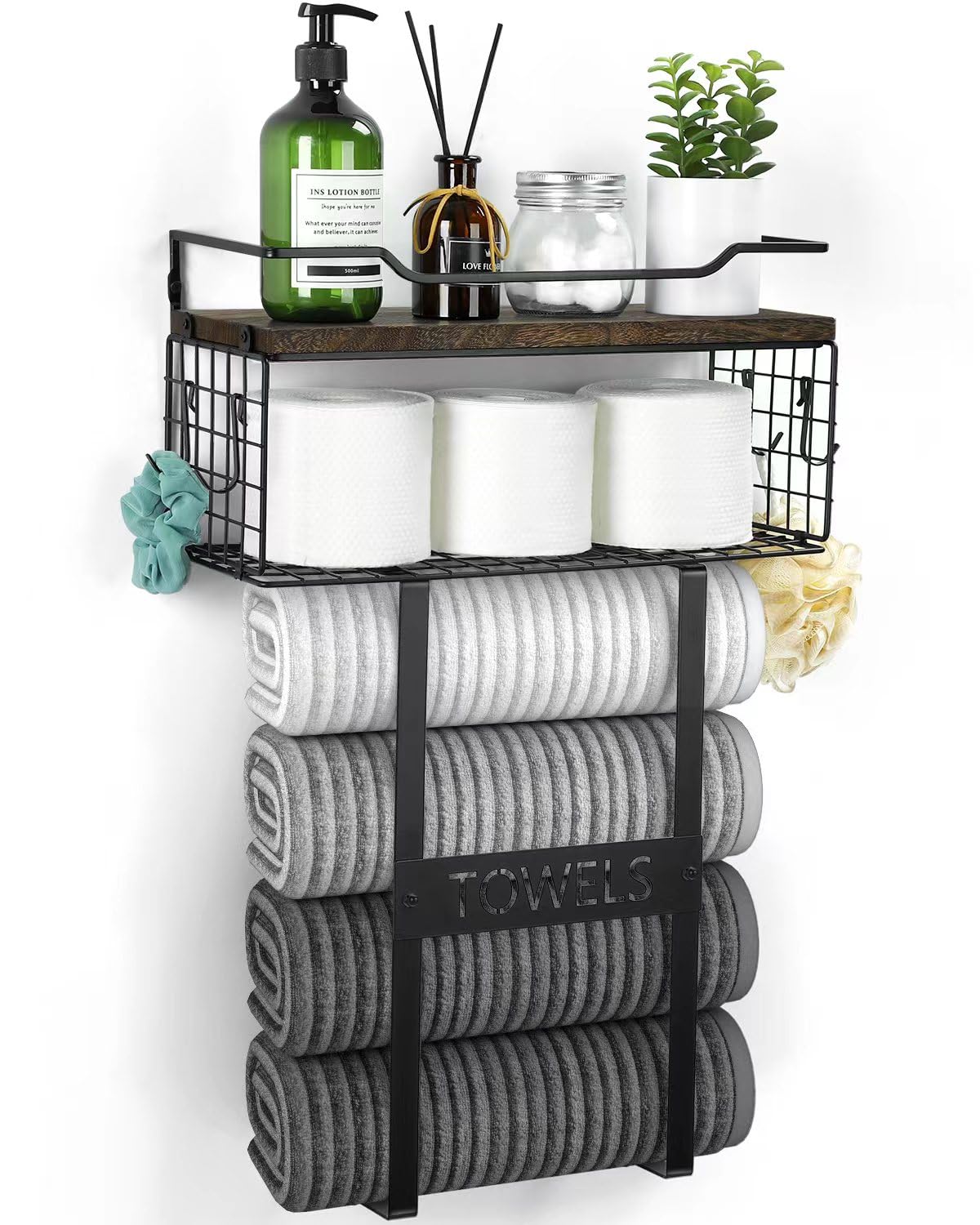 Rustic Brown Wooden Wall Mounted Bathroom Towel Rack Set - Space Saving Rolled Towel Shelf Organizer for Small Bathrooms - Perfect Above Toilet Storage & Bathroom Wall Decor for Home, Apartment, and RV Use