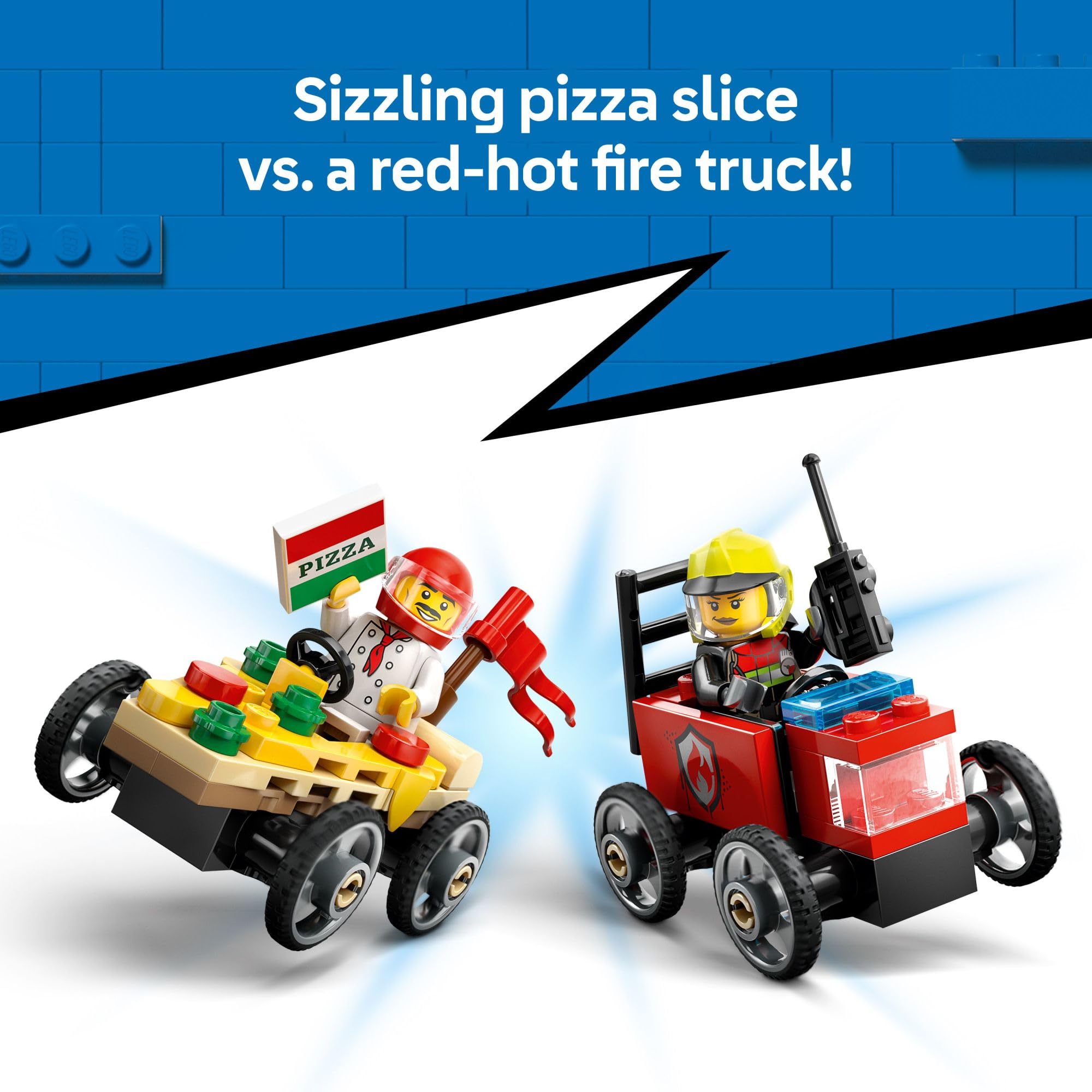 LEGO City Pizza vs. Fire Truck Race Car Building Set (60458) - Fun Construction Toy for Kids Ages 5+ with Chef & Firefighter Minifigures - Perfect Birthday & Holiday Gift for Boys & Girls - Great for Creative Play & Role-Playing Scenarios