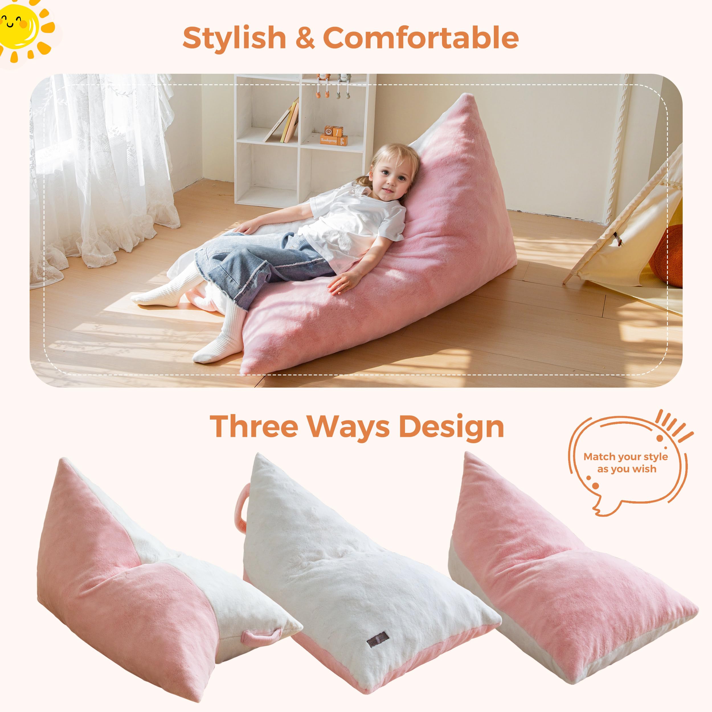 MAXYOYO Kids Bean Bag Chair - 2 Tone Handle Design, High Density Foam Floor Lounger for Boys & Girls, Pink & White - Perfect for Bedroom, Playroom & Reading Nook