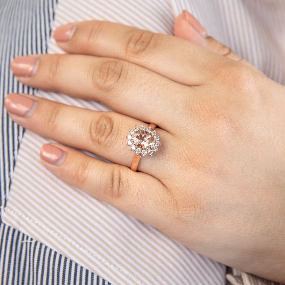 9ct Rose Gold 1.50ct Morganite & 0.50ct Diamond Halo Engagement Ring - Perfect for Proposals, Anniversaries & Special Occasions