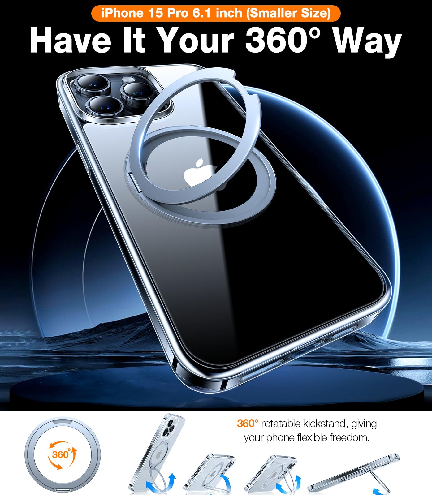 TORRAS 360° Rotatable Magnetic Ring Stand Case for iPhone 15 Pro 6.1