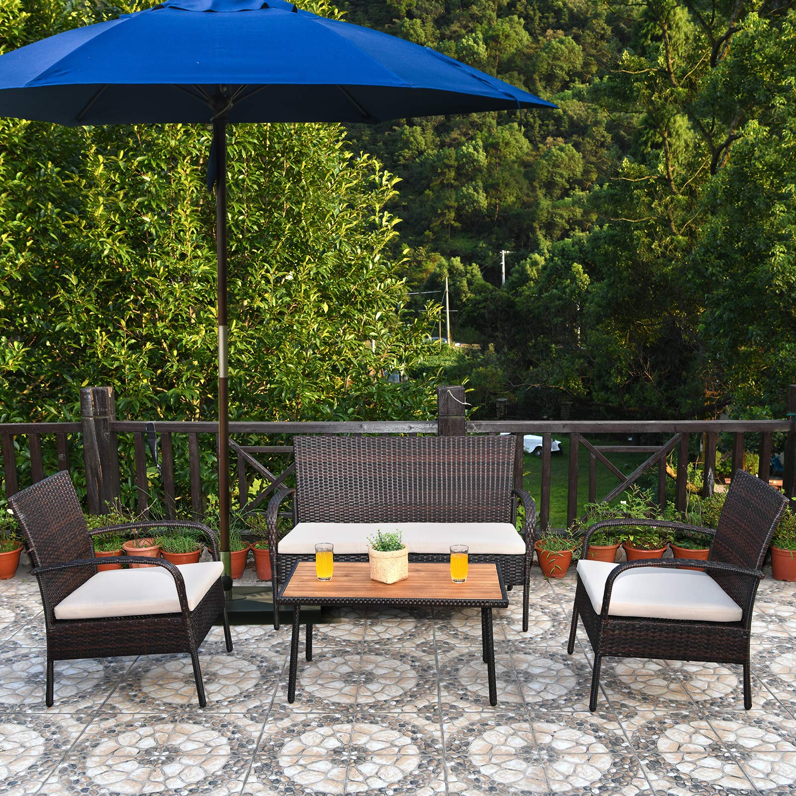 4-Piece Brown Wicker Outdoor Patio Conversation Set with Washable Cushions - Rattan Sofa & Chairs for Garden, Backyard, Poolside Relaxation