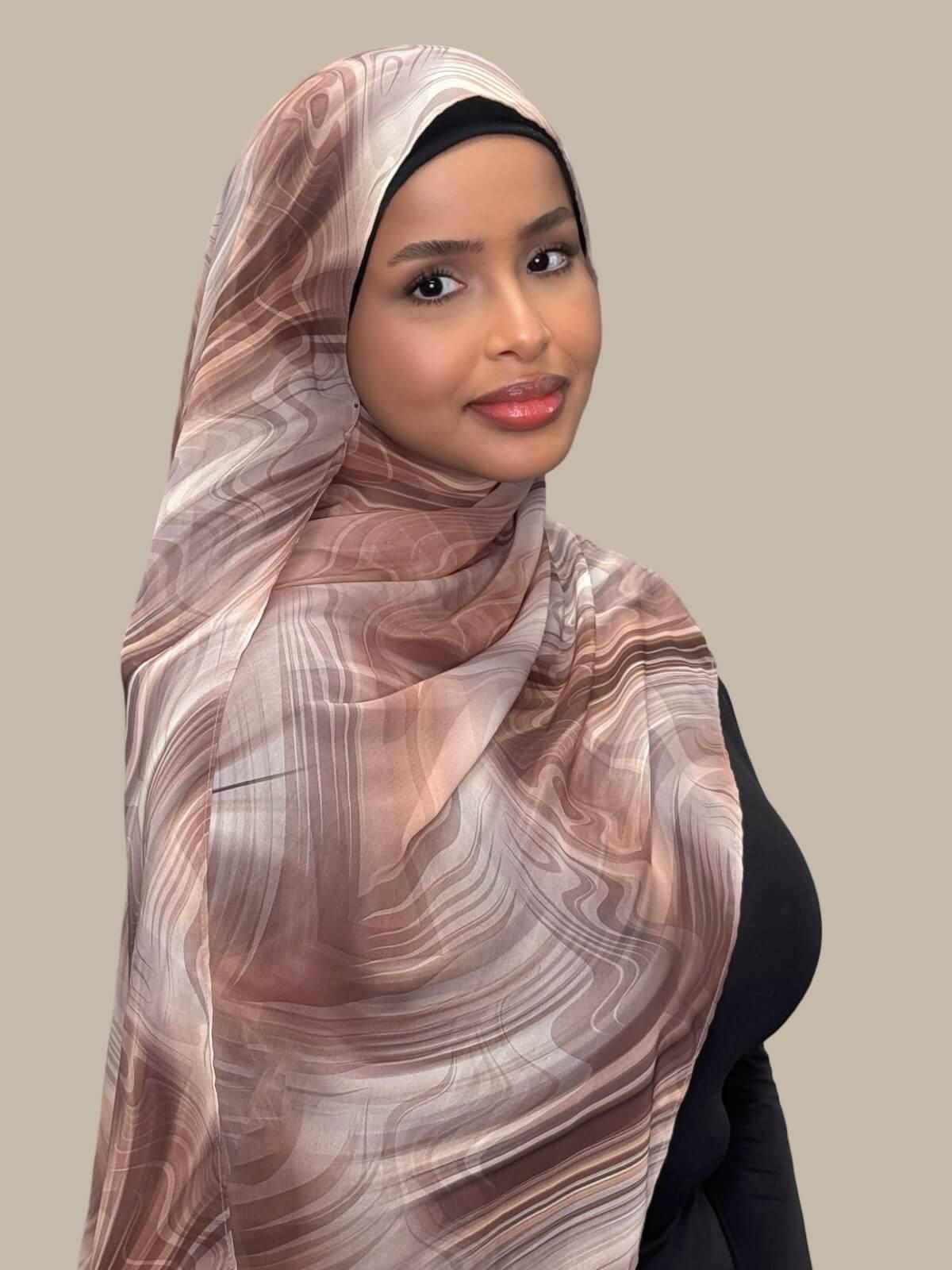 Printed Chiffon Hijab - Elegant Savanna Stripes Design - Lightweight Muslim Scarf for Women - Perfect for Daily Wear, Prayer, and Special Occasions