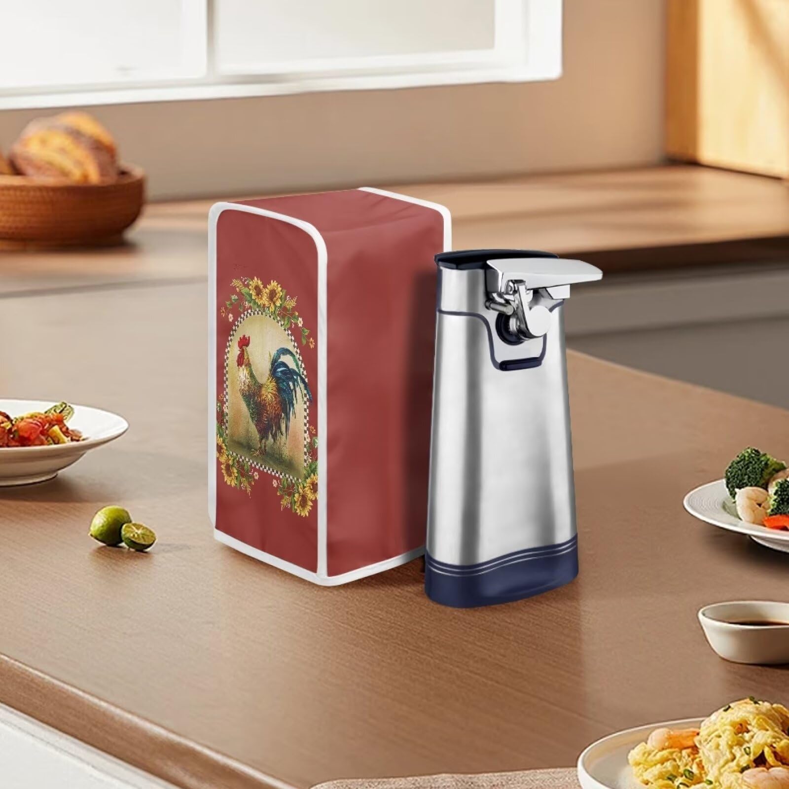 Electric Can Opener Cover - Stain Resistant & Machine Washable - Universal Fit for Most Automatic Can Openers - Rooster Sunflower Design - Perfect for Kitchen, Camping & Emergency Prep