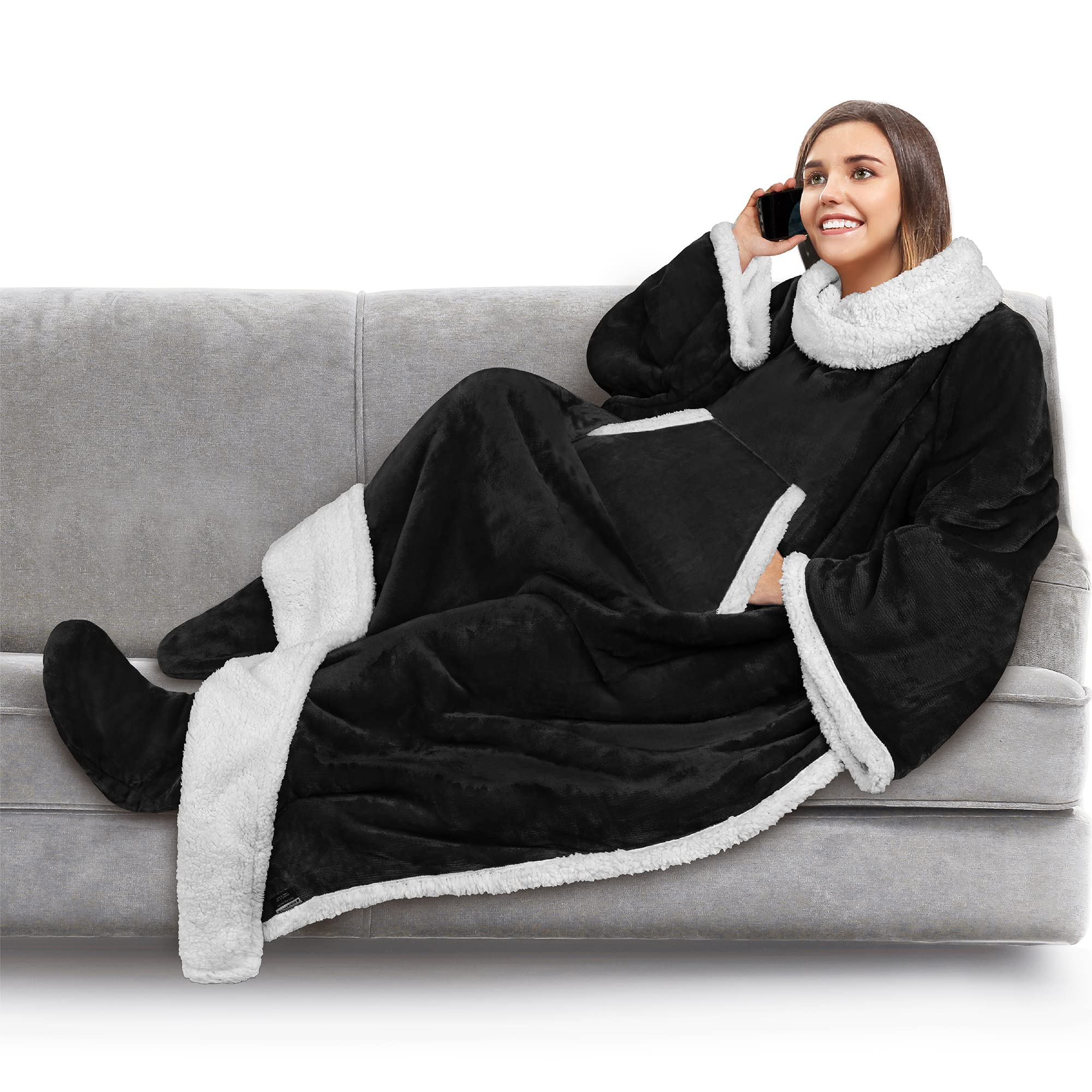 PAVILIA Sherpa Wearable Blanket with Sleeves & Foot Pocket - Soft Fleece Warm Snuggle Throw for Women & Men - Cozy Gift for Wife, Mom - Perfect for Lounging, Reading & Movie Nights - Black