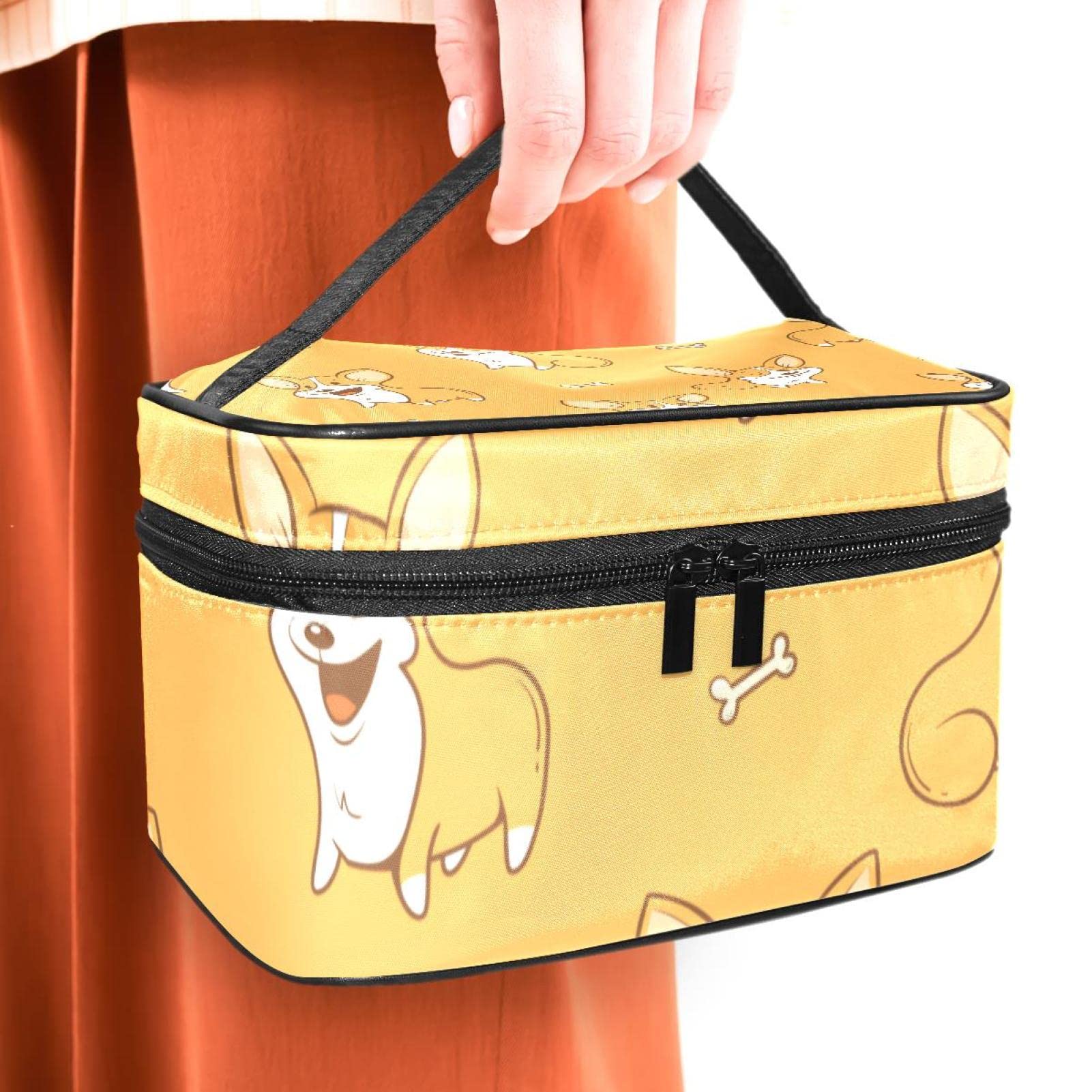 Funny Cartoon Corgi Bones Pattern Makeup Bag - Waterproof Travel Cosmetic Pouch for Women & Girls - Zippered Makeup Organizer for Toiletries, Brushes & Accessories - Perfect for Travel, Gym & Daily Use