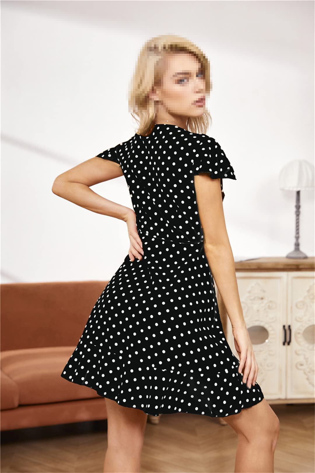Women's V-Neck Short Sleeve Flowy Ruffle Mini Dress - Casual Polka Dot Beach Wrap Dress in Black | Perfect for Summer Vacations, Pool Parties & Date Nights