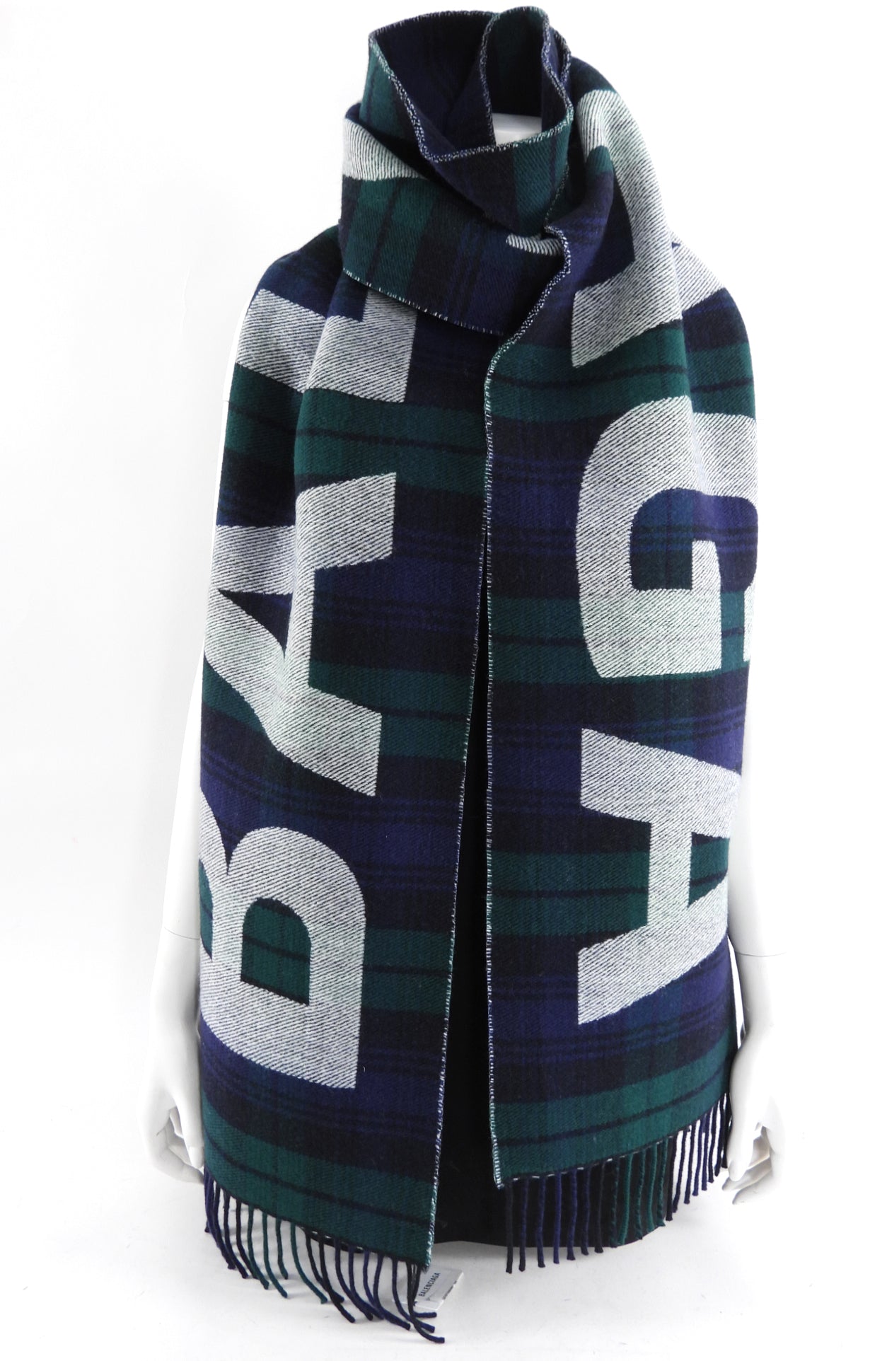 Balenciaga Green Check Wool Oversized Logo Scarf - Luxury Winter Fashion Accessory for Women & Men - Perfect for Cold Weather, Travel & Street Style