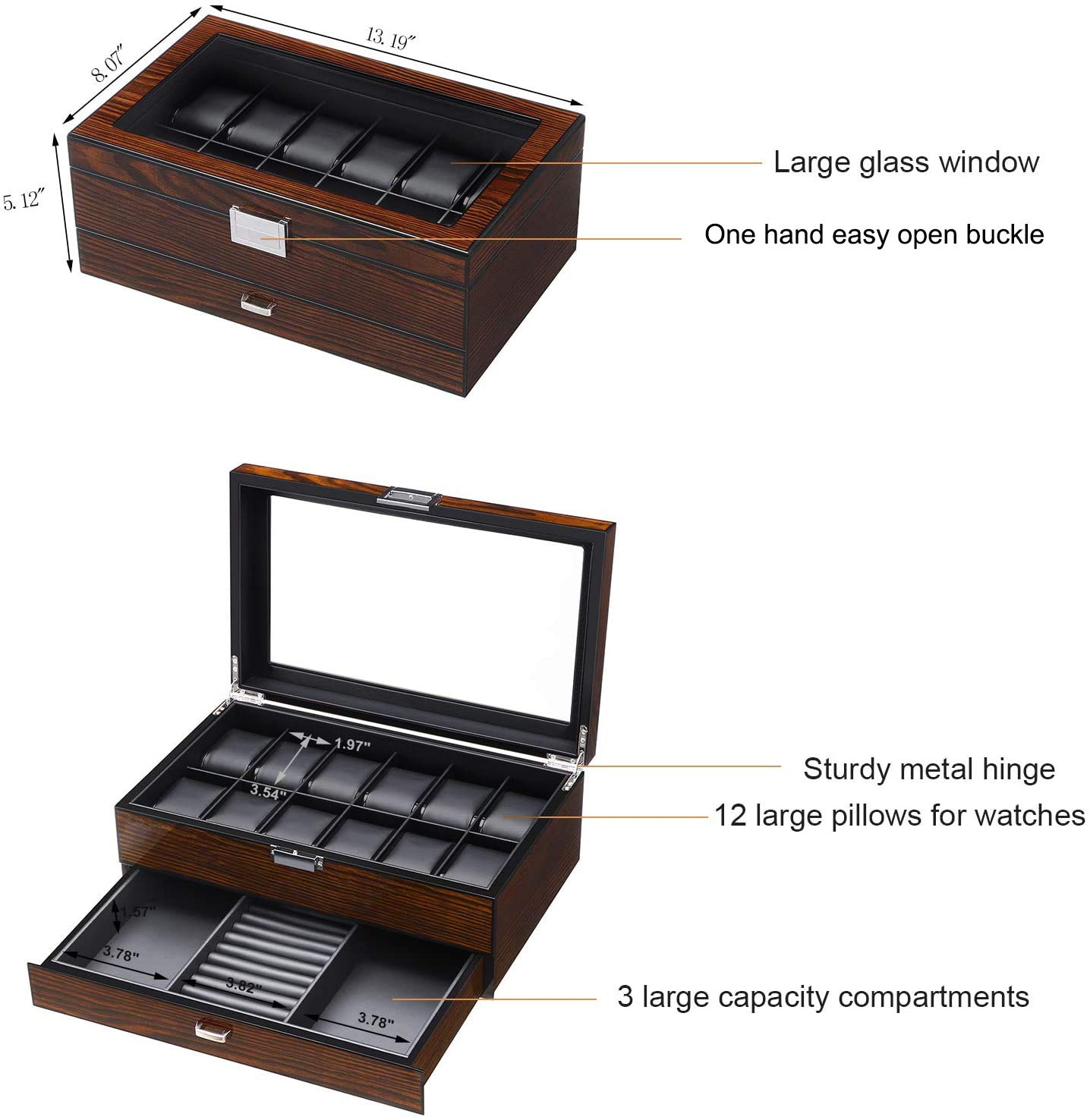 BEWISHOME Luxury 10-Slot Watch Box with Valet Drawer - Premium Watch Organizer Case for Men & Women - Perfect for Travel, Home Storage, and Watch Collection Display