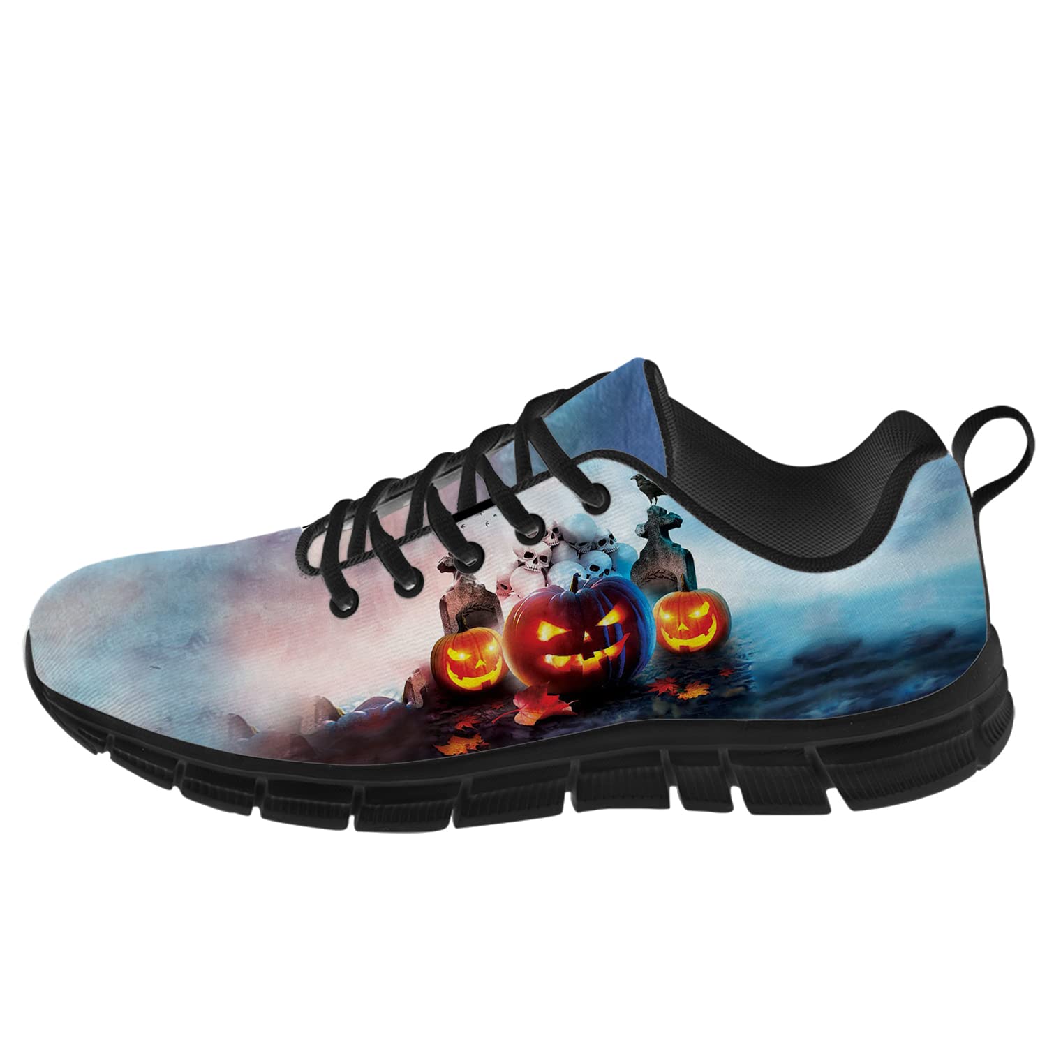 Halloween Themed Men's & Women's Running Shoes - Scary Pumpkin Lantern Skull Design Sneakers for Walking, Tennis & Jogging - Comfortable Gifts for Friends & Family - Men Size 9/Women Size 10.5 in Blue & White - Perfect for Halloween Parties, Costume Events & Spooky Night Runs