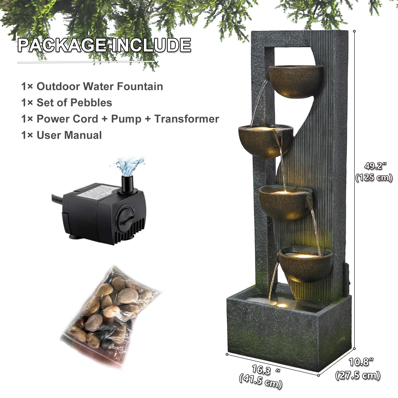 5-Tier Outdoor Water Fountain with LED Lights & Natural Stones - 49.2