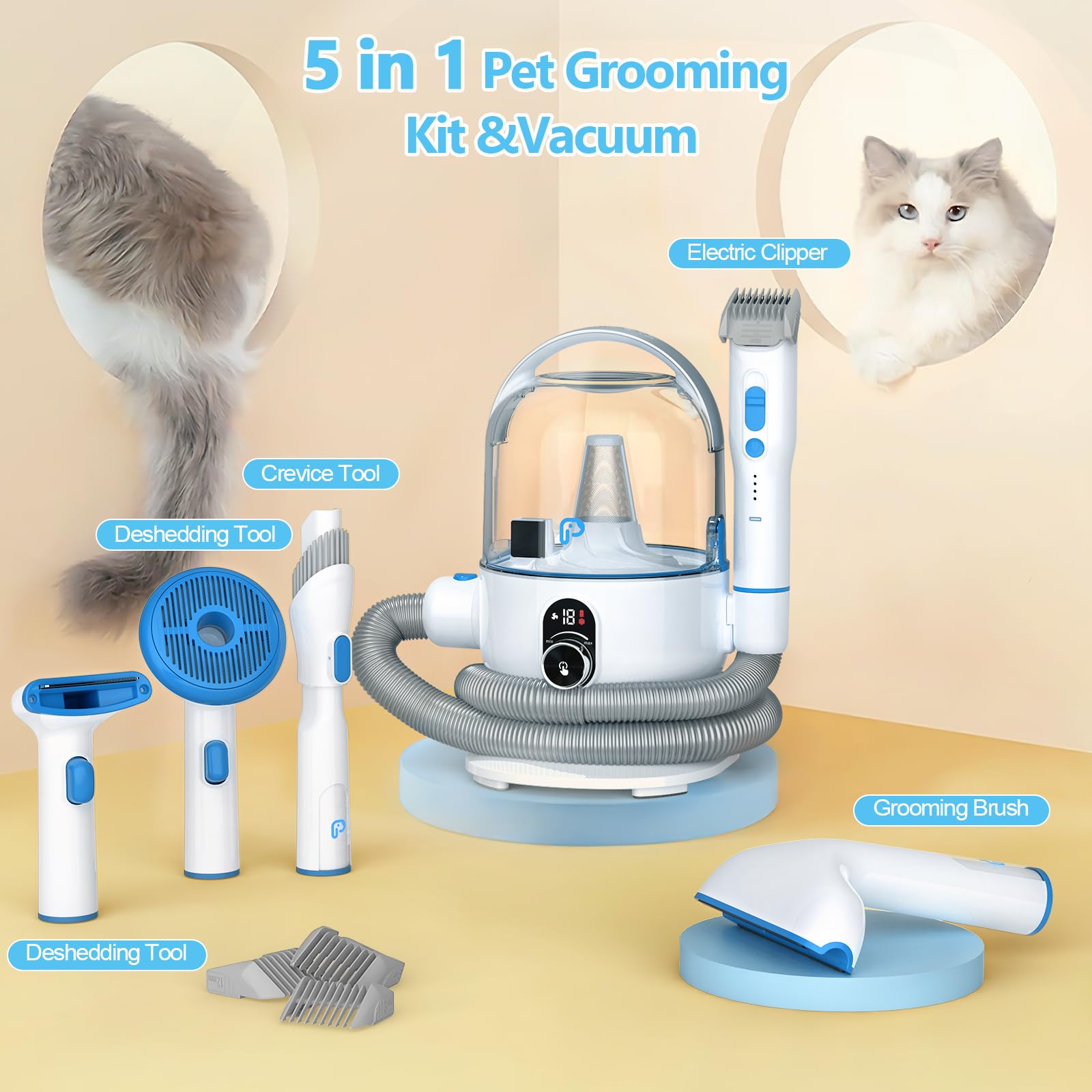 5-in-1 Pet Grooming Kit with Powerful 99% Hair Suction Vacuum - 1.5L Dust Cup Dog Brush & Low Noise Hair Remover - Includes 5 Professional Grooming Tools for Dogs & Cats - Perfect for Home Pet Care & Shedding Season Maintenance