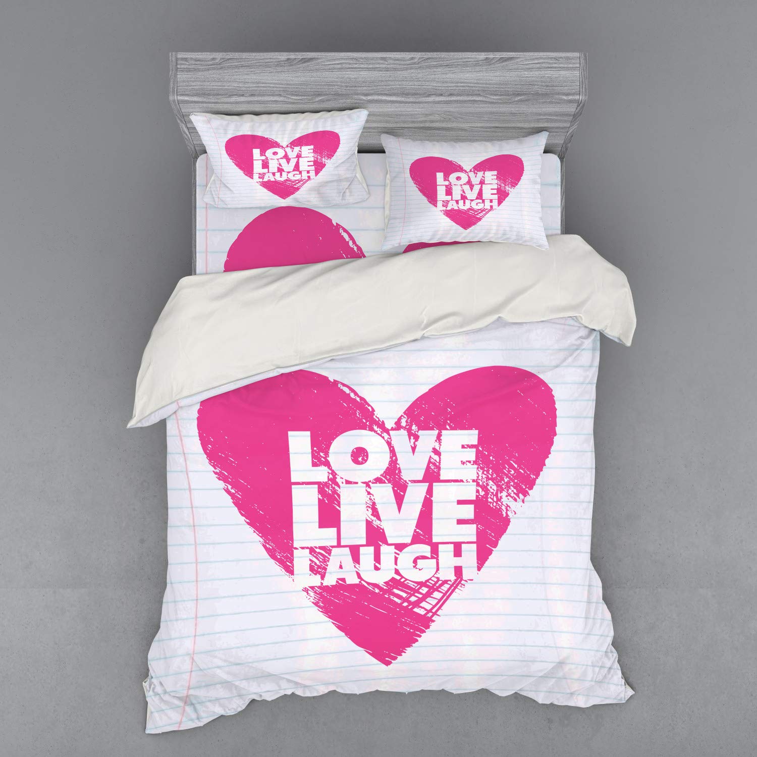 Ambesonne Live Laugh Love 4-Piece Queen Size Bedding Set - Hot Pink & White Duvet Cover with Shams & Fitted Sheet, Notebook Style Design with Giant Heart - Perfect for Teen Girls' Bedrooms, Dorm Decor, or Romantic Gift Idea
