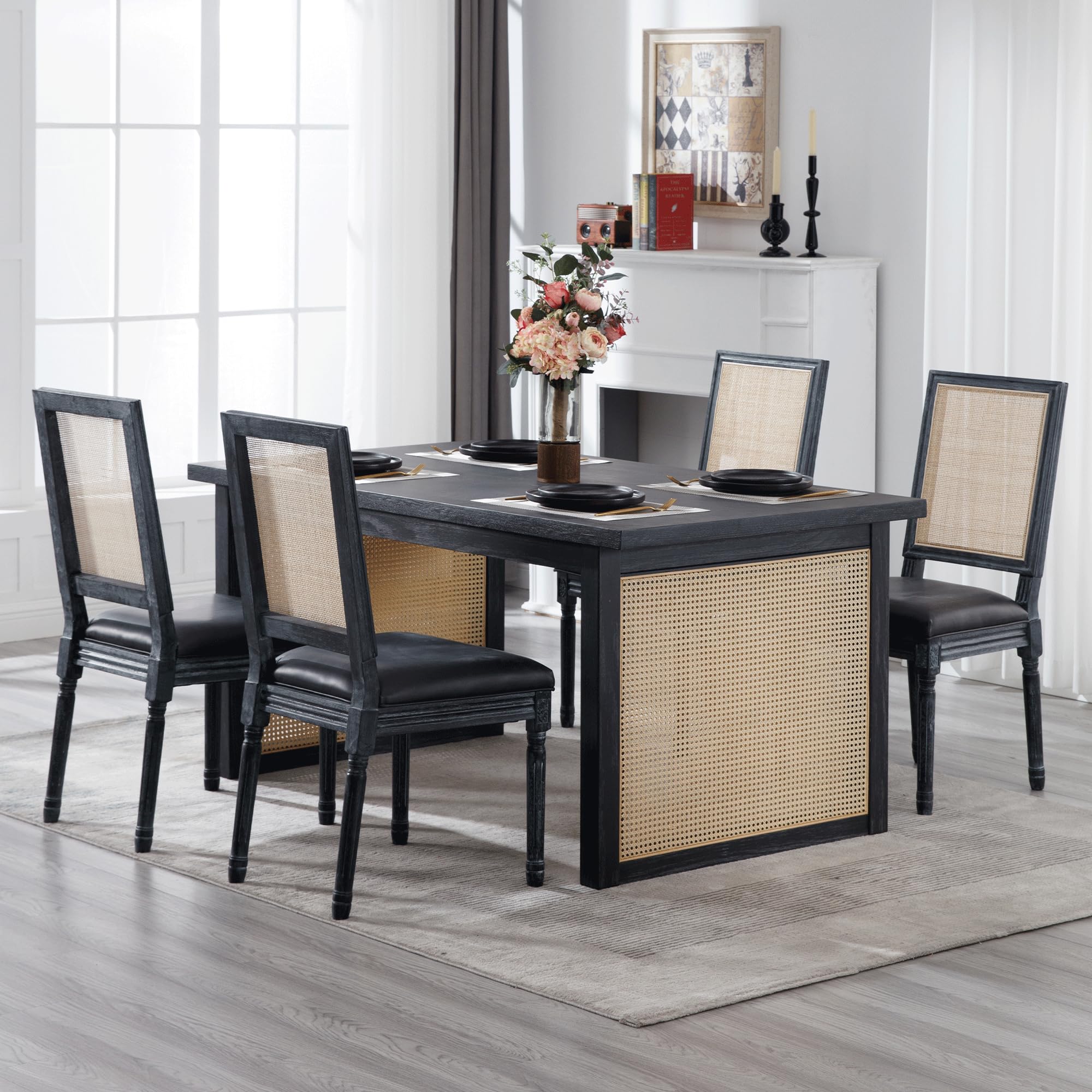 4 Pack Faux Leather Dining Chairs - Farmhouse Kitchen Chairs Set with Rattan Back, Upholstered Parsons Chairs for French Country Style Dining Room, Restaurant or Home Decor (Black) | Perfect for Farmhouse Kitchens, Cozy Breakfast Nooks and Elegant Restaurant Seating