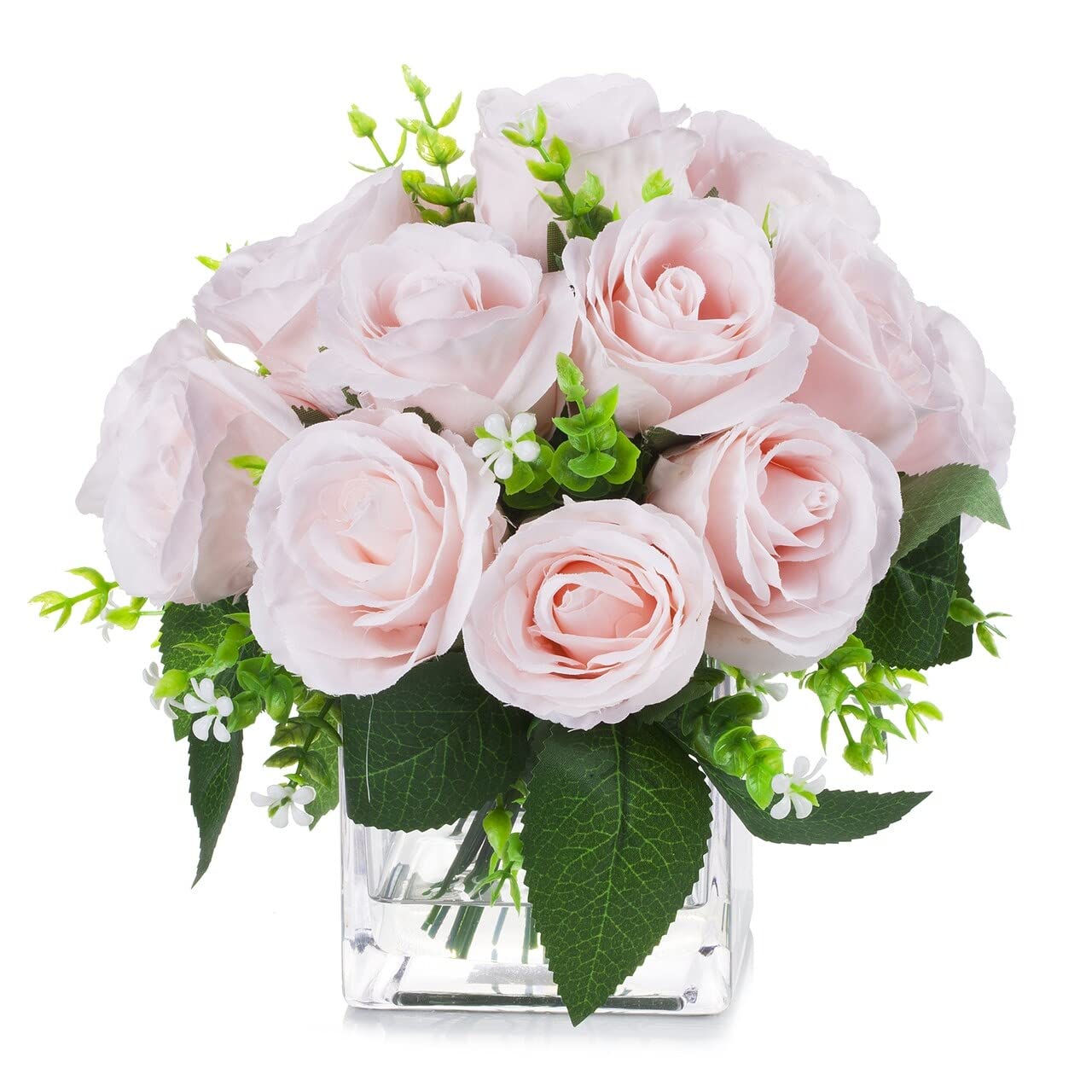 Enova Floral 18 Heads Silk Rose Artificial Flowers Arrangement in Clear Glass Vase with Faux Water - Pink Home Office Wedding Party Decor | Perfect for Table Centerpieces, Bridal Showers & Event Decoration