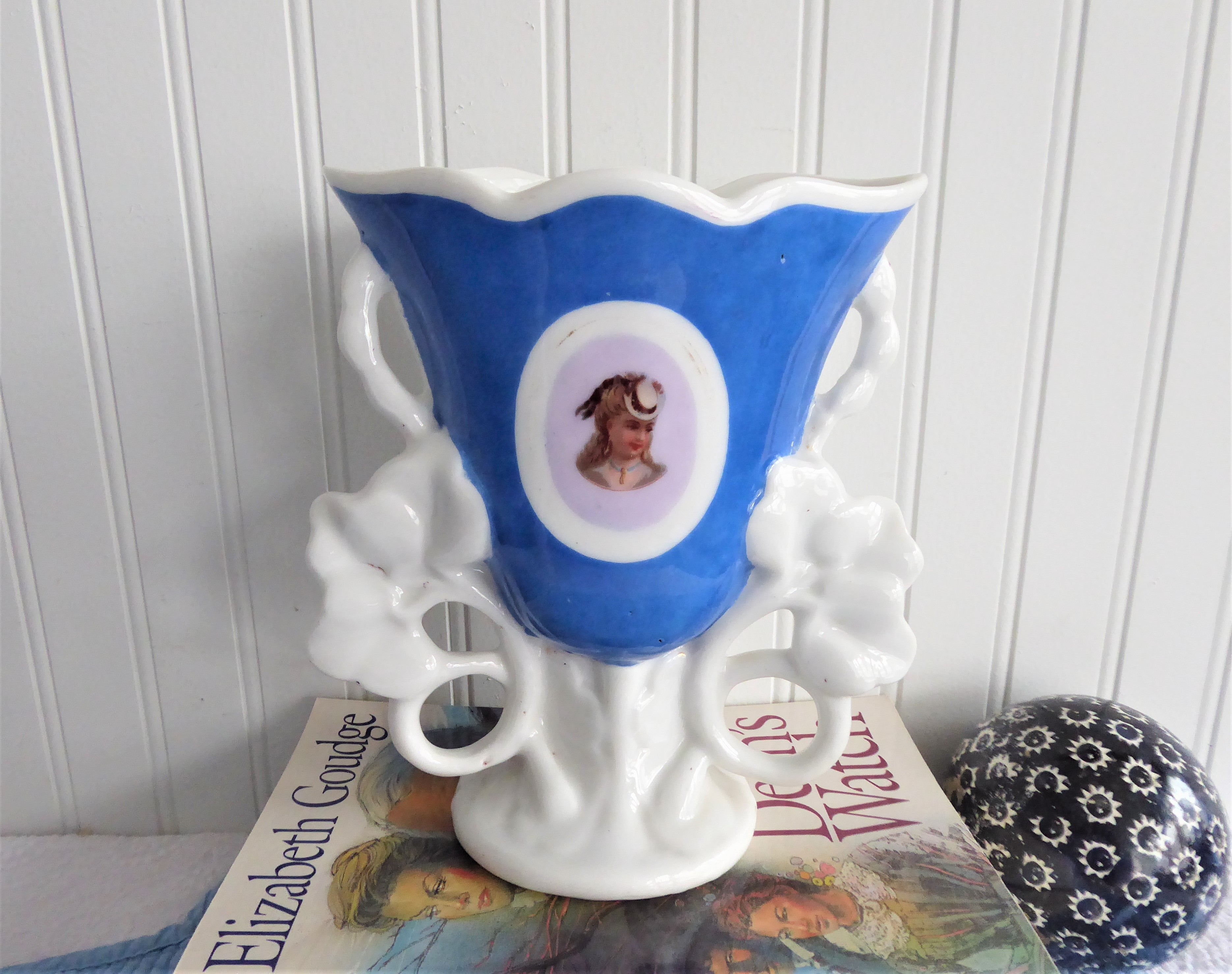 Antique Victorian Portrait Spill Vase - 1880s German Flatback Mantel Vase with Elegant Lady in Hat - Perfect for Fireplace Decor & Victorian Home Accents