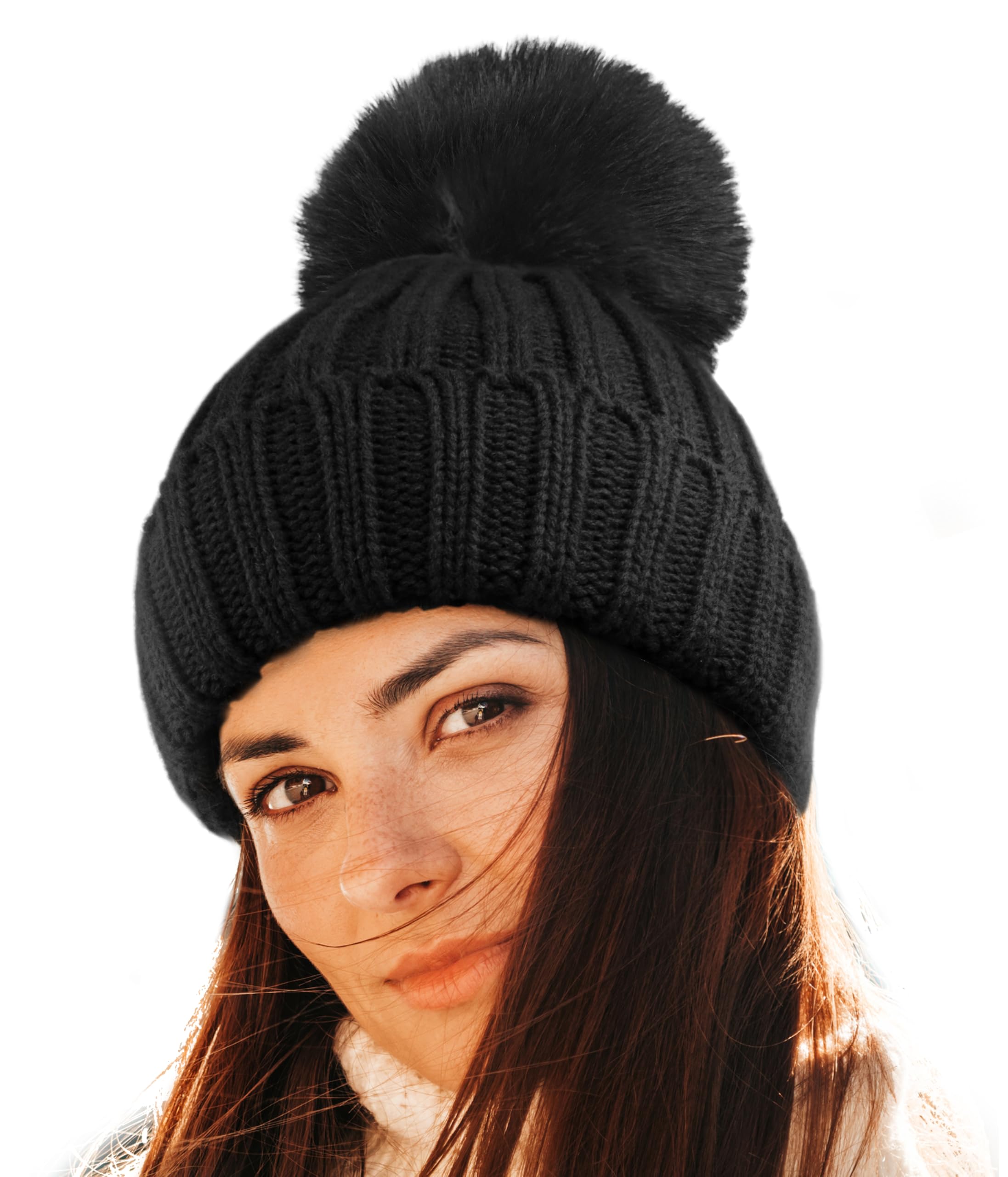 KEECOW Women's Winter Beanie Hats - Thermal Warm Knit Hat with Detachable Pom Pom for Outdoor Sports & Cold Weather Activities | Perfect for Skiing, Snowboarding, Hiking and Daily Winter Wear