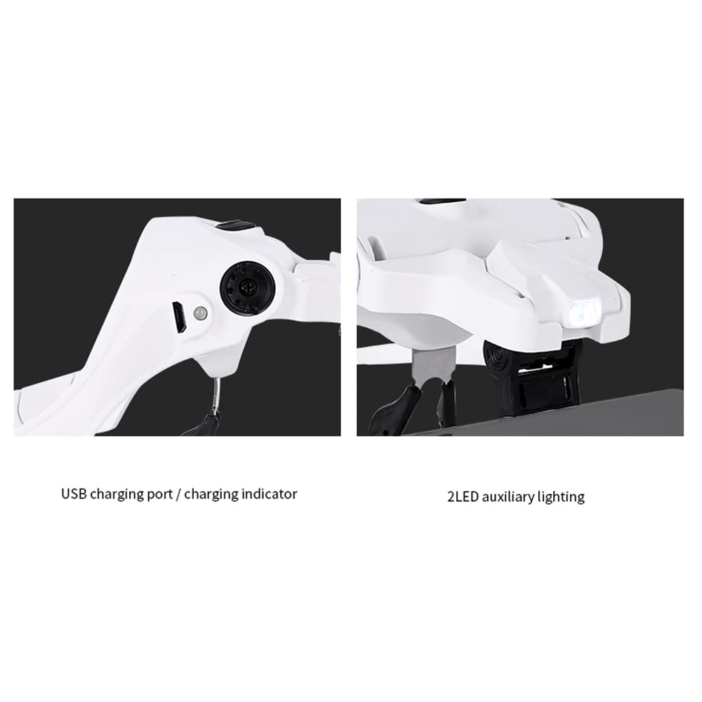 Rechargeable LED Headband Magnifier Glasses - 5 Interchangeable Lenses (1.5X, 2.0X, 2.5X, 3.5X) with Bright Light for Jewelry Making, Watch Repair & Crafts