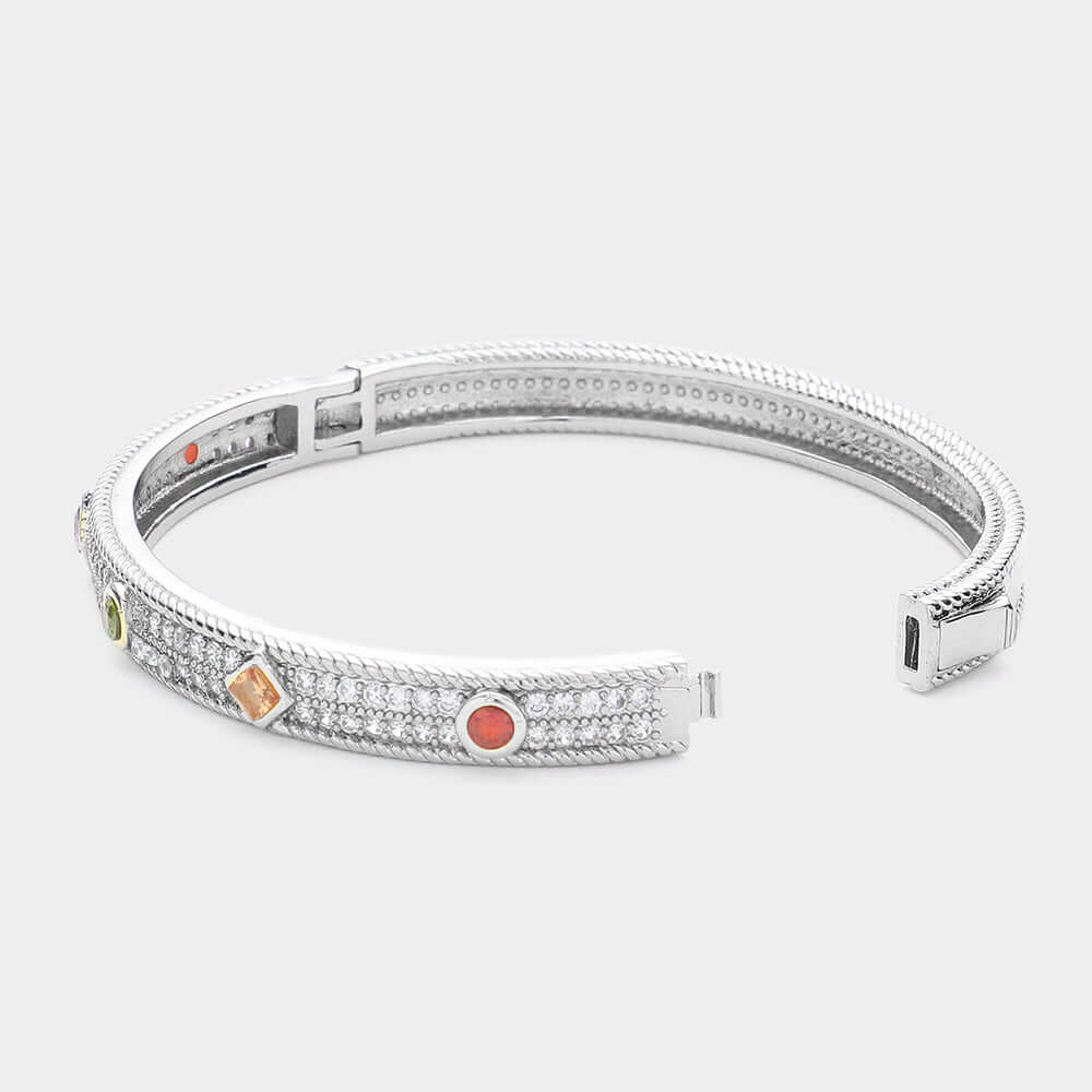 Silver Multi-Colored Stone Rhinestone Hinged Bangle Bracelet - Elegant Jewelry for Parties, Weddings & Special Occasions