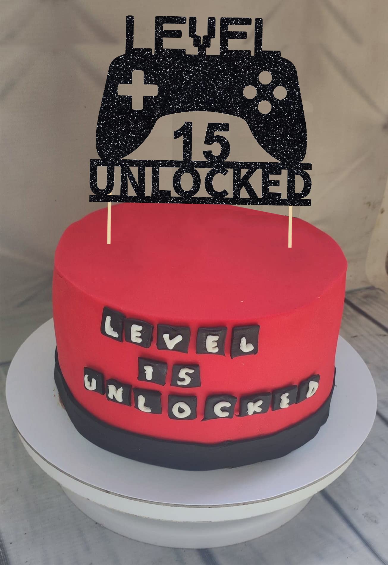 Level 15 Unlocked Cake Topper - Video Game Controller Birthday Decoration for 15th Birthday Party | Perfect for Gamer Cakes, Gaming Themed Parties & Anniversary Celebrations