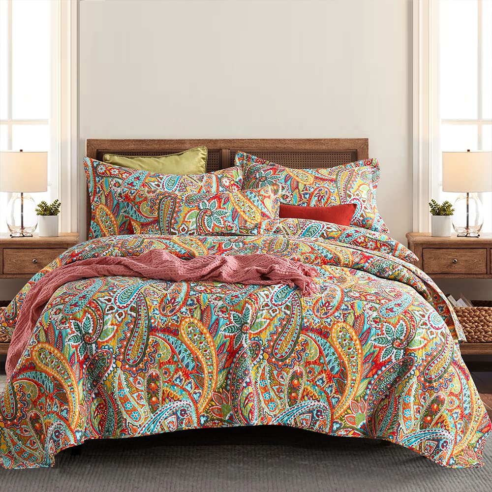Autumn Dream Cotton Bedspread Quilt Set - 3 Piece Reversible Comforter Coverlet Set with Gorgeous Yellow Paisley Design, King Size - Perfect for Fall Bedroom Decor & Cozy Seasonal Home Styling