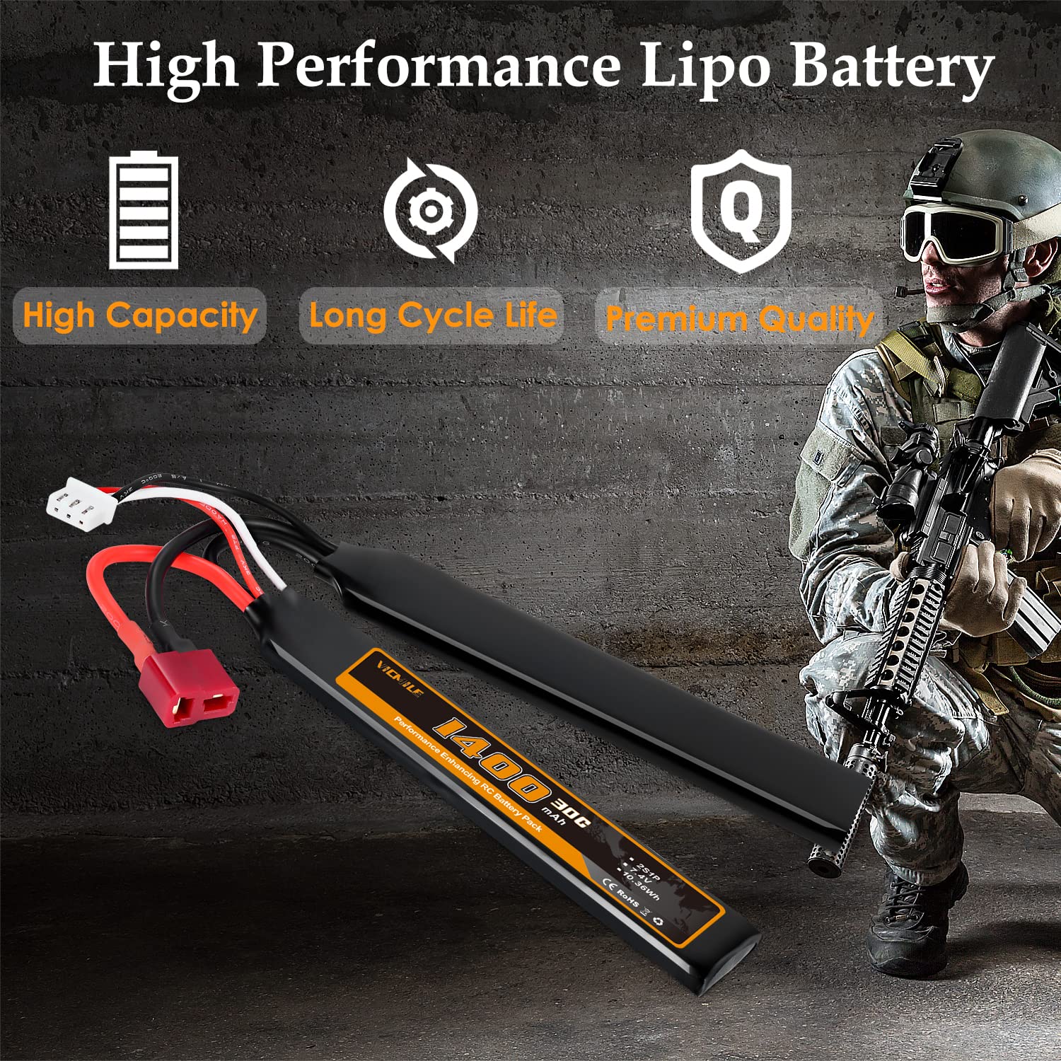 VICMILE 7.4V 1400mAh 2S Lipo Battery with Deans T Plug - 30C High Discharge Rate Rechargeable Airsoft Battery & Charger - Compatible with Airsoft Guns, RC Cars, and Drones - Perfect for Outdoor Shooting Games and RC Hobby Activities