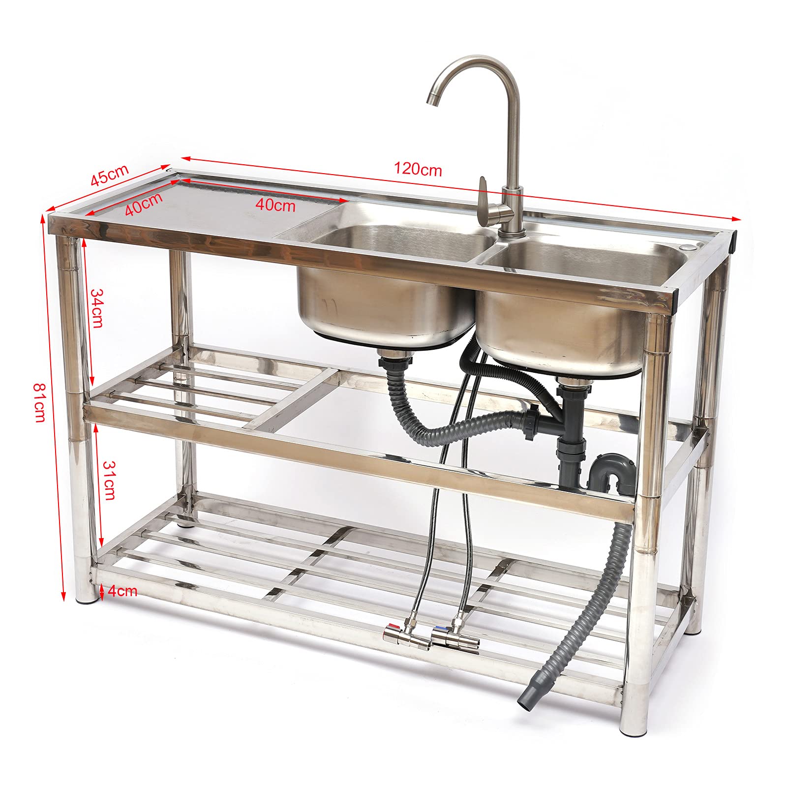 Stainless Steel Double Bowl Kitchen Sink with Hot/Cold Faucet & Drainboard - Durable Utility Sink for Kitchen, Bar, Restaurant, and Clean Room Use