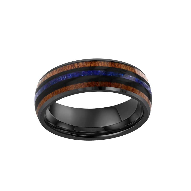 Lapis Lazuli and Koa Wood Tungsten Rings for Men - 8mm Tropical Blue Lapis Ring, Wooden Wedding Band, Black Comfort Fit, Anniversary Gift for Him - Perfect for Weddings, Engagements, and Special Occasions
