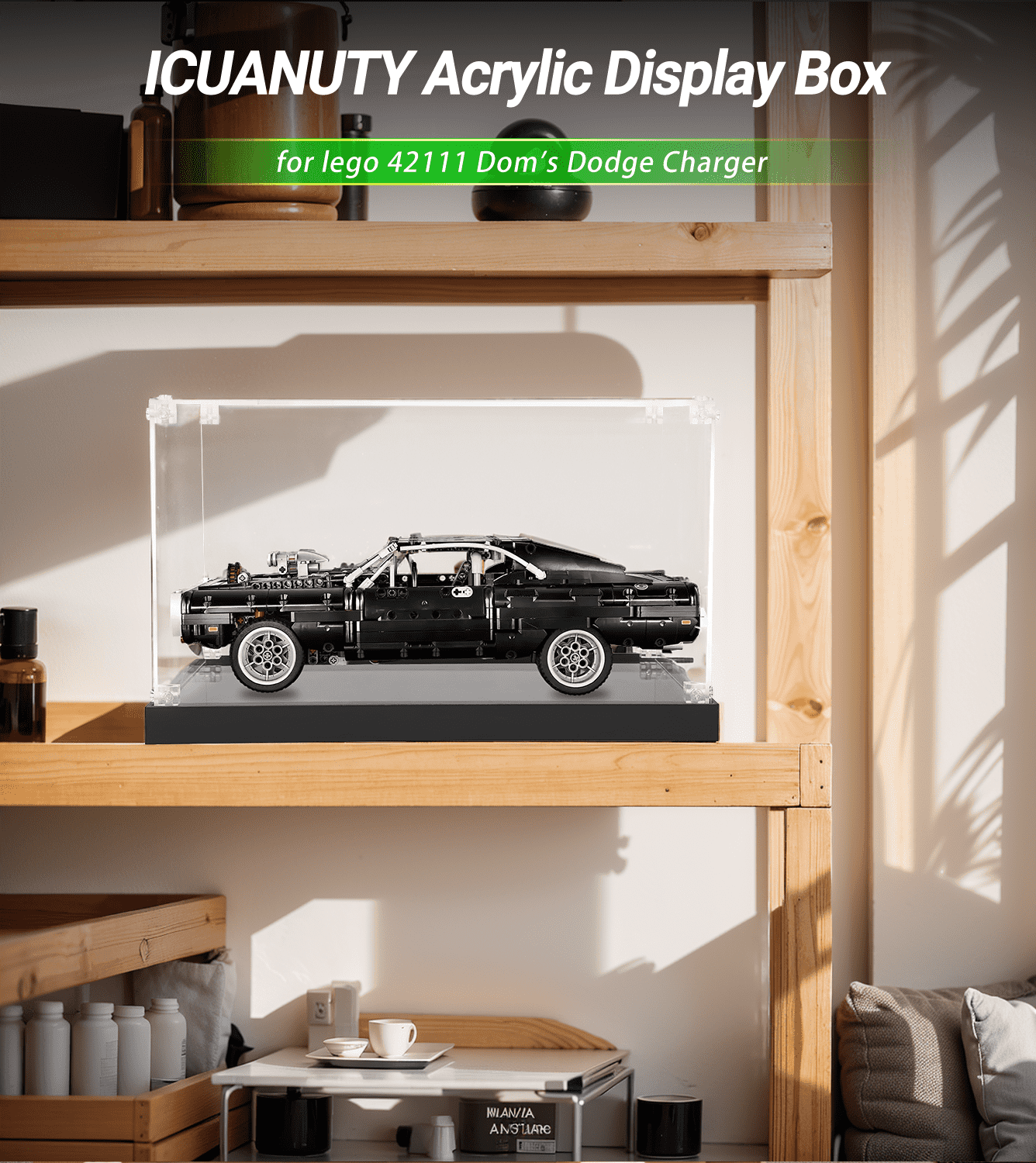 LEGO Dodge Charger Race Car 42111 Display Case - Clear Acrylic Showcase for Collectible Model Cars | Perfect for Home Decoration, Office Display & Gift Giving