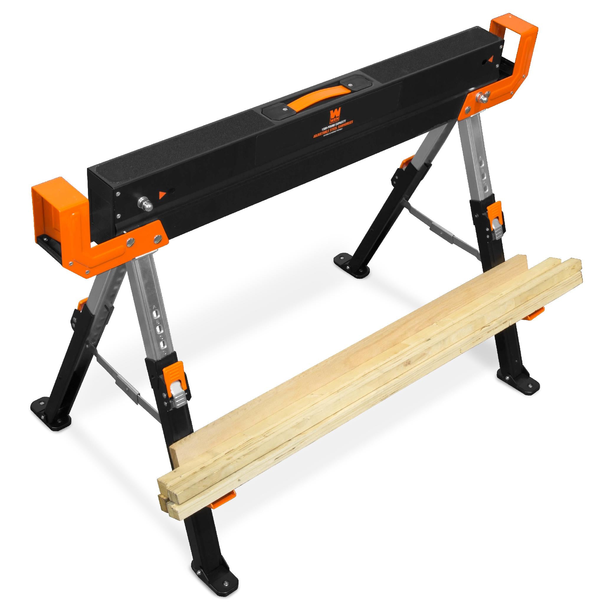 WEN WA1302 Heavy Duty Folding Saw Horse - 1300 lb Capacity Adjustable Steel Workbench with 2x4 Support Arms (2-Pack) - Perfect for Construction, Woodworking & DIY Projects