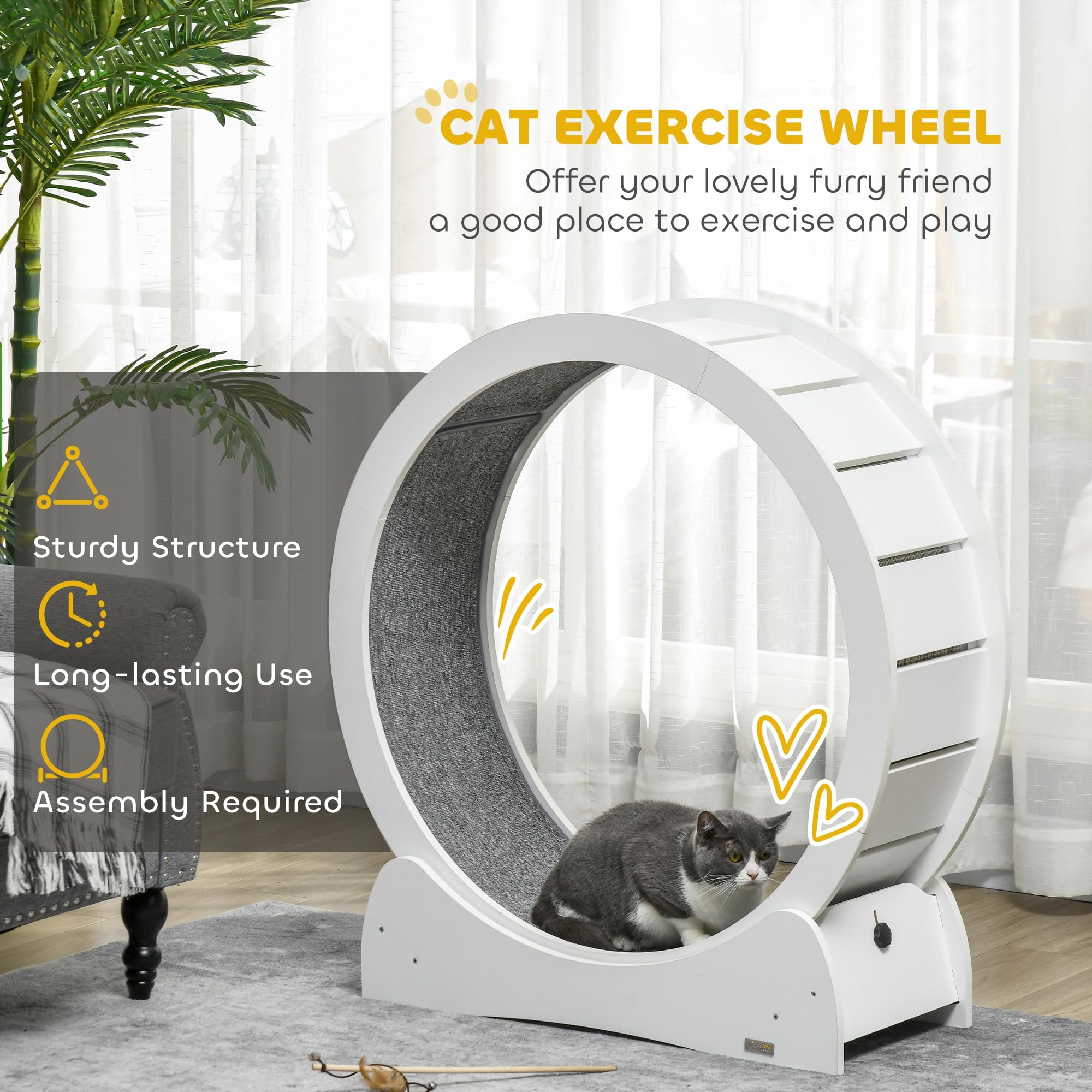 PawHut 30 Inch Cat Exercise Wheel - Indoor Cat Treadmill with Brake for Fitness & Health, White | Perfect for Small Spaces & Active Cats Playtime