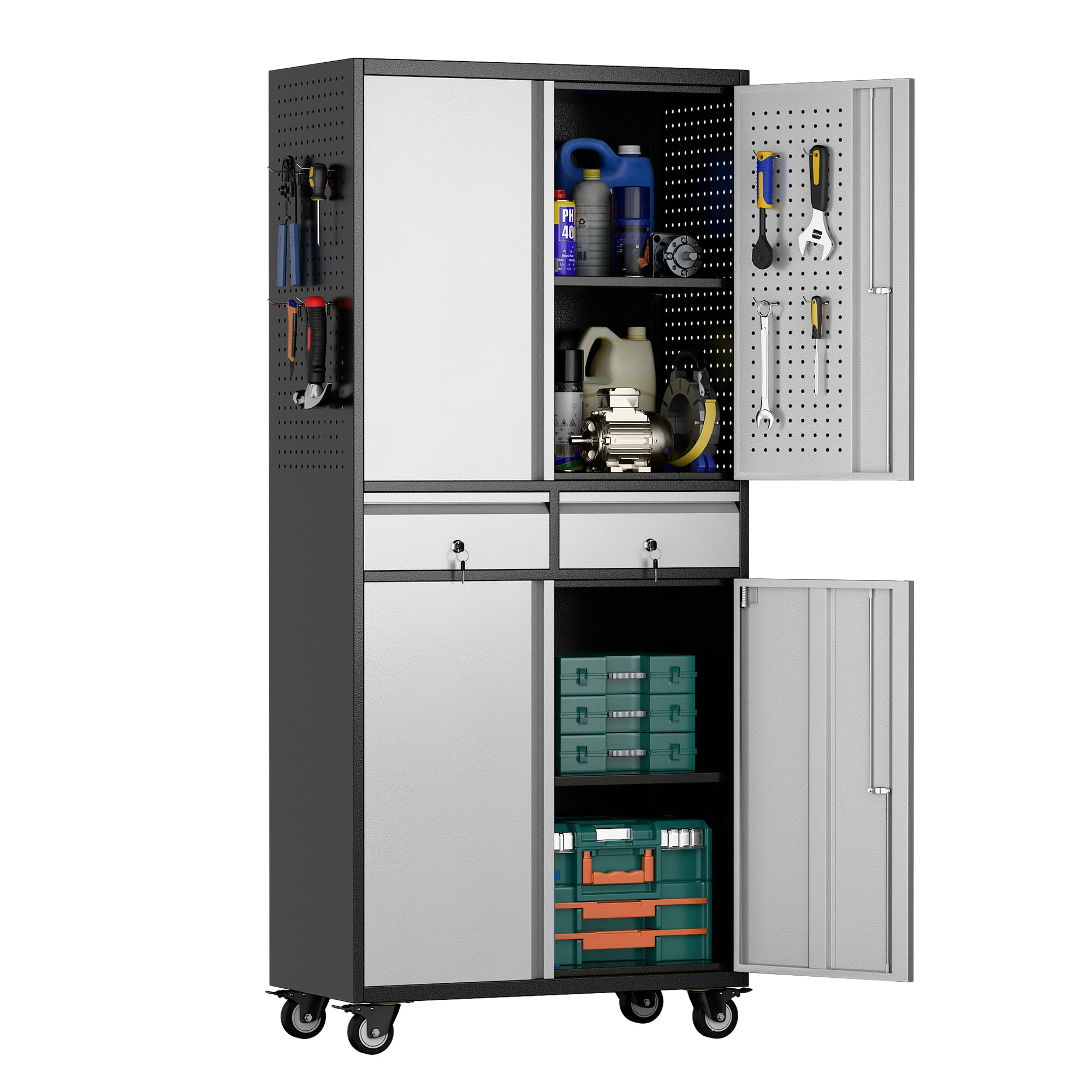 Aobabo Heavy-Duty Metal Storage Cabinet with Locking Doors & Pegboard - 2-Drawer Steel Rolling Tool Cabinet with Adjustable Shelves for Garage, Home, Office & Kitchen - Easy Assembly (Black Gray) - Perfect for Organizing Tools, Supplies & Equipment